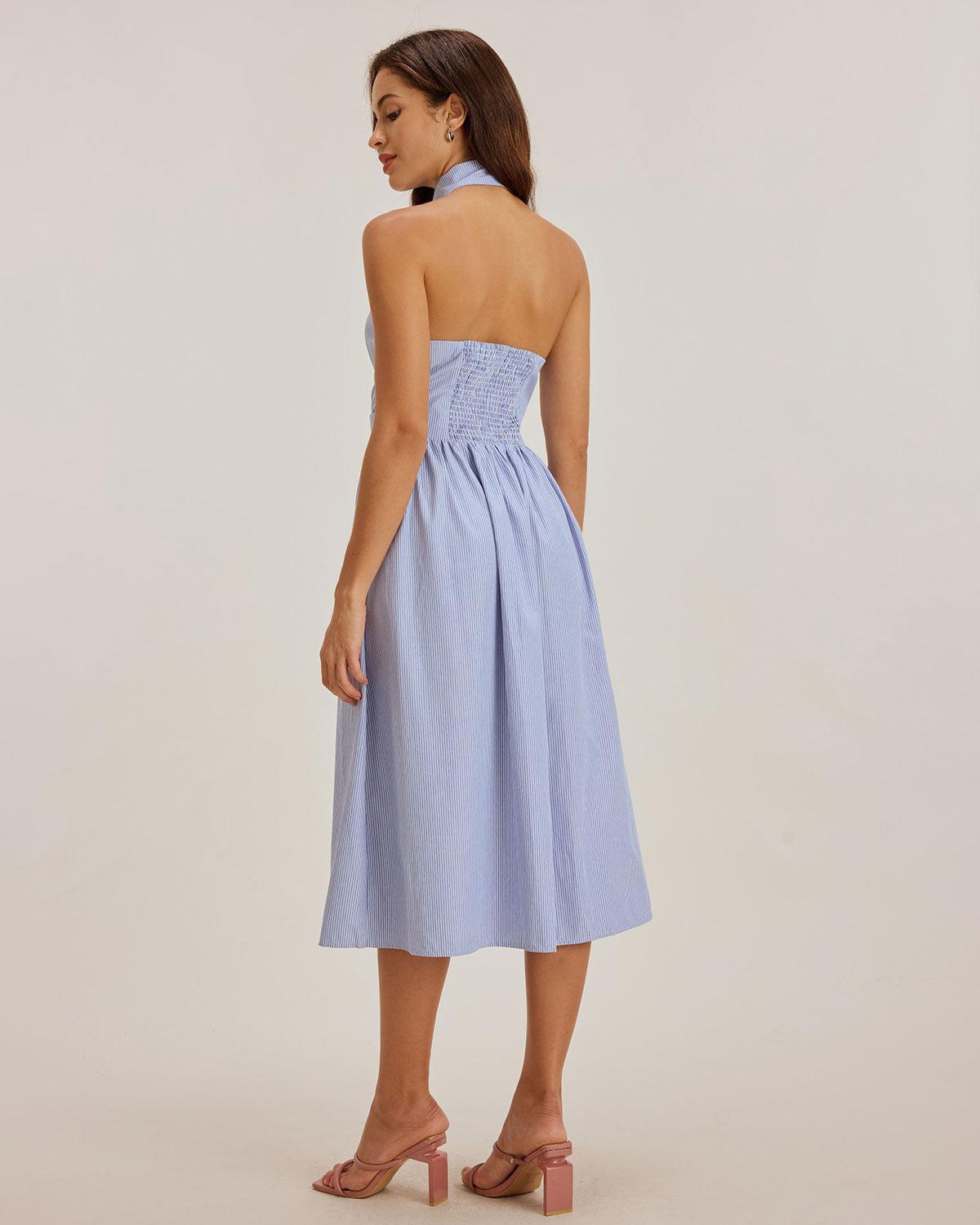 Blue Striped Twist Backless Midi Dress Product Image