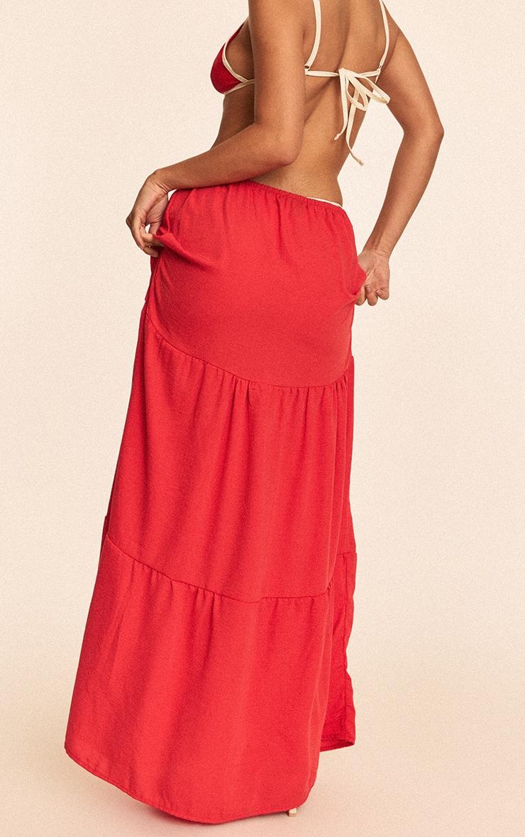 Red Linen Look Tiered Maxi Beach Skirt Product Image