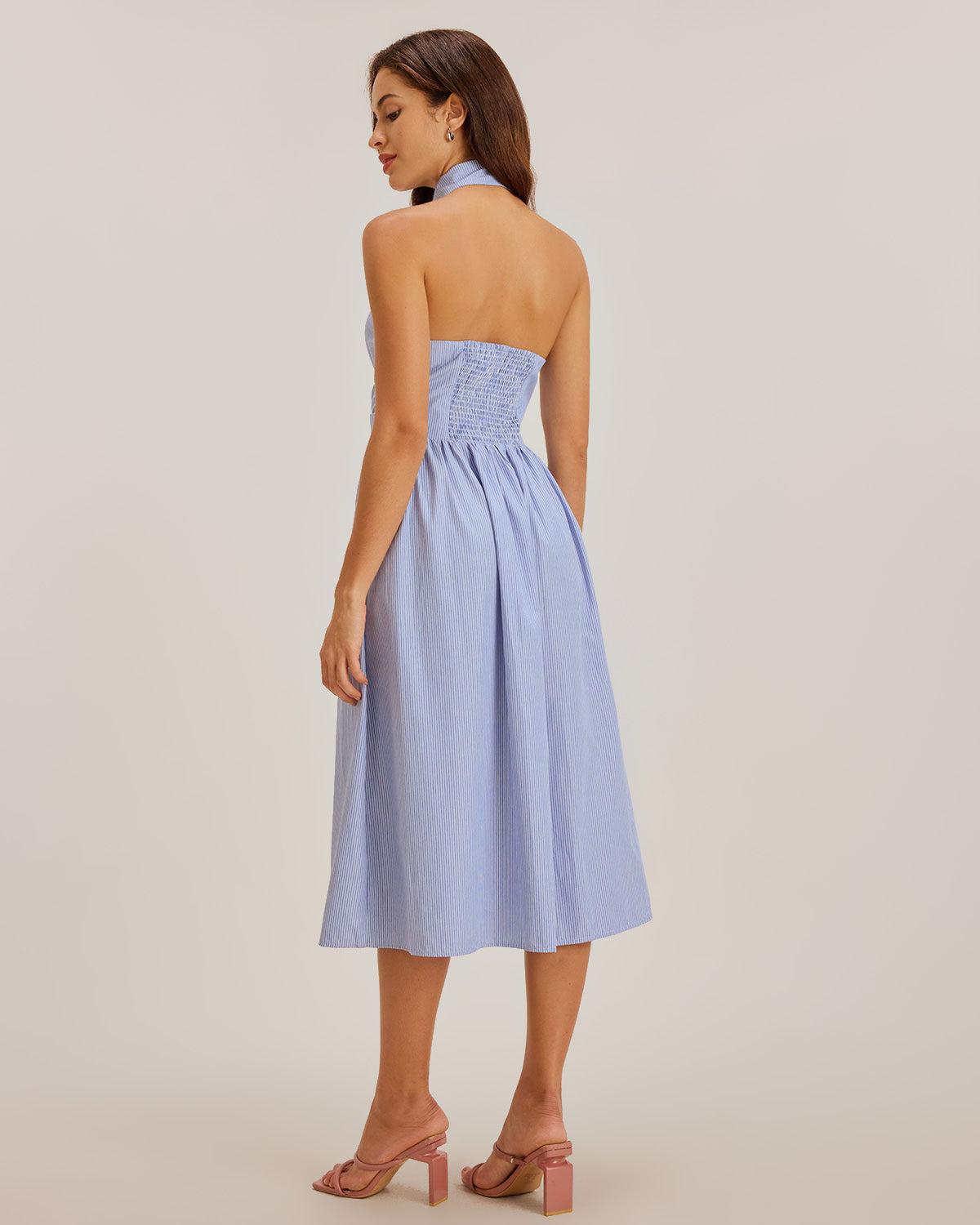 Blue Striped Twist Backless Midi Dress Product Image