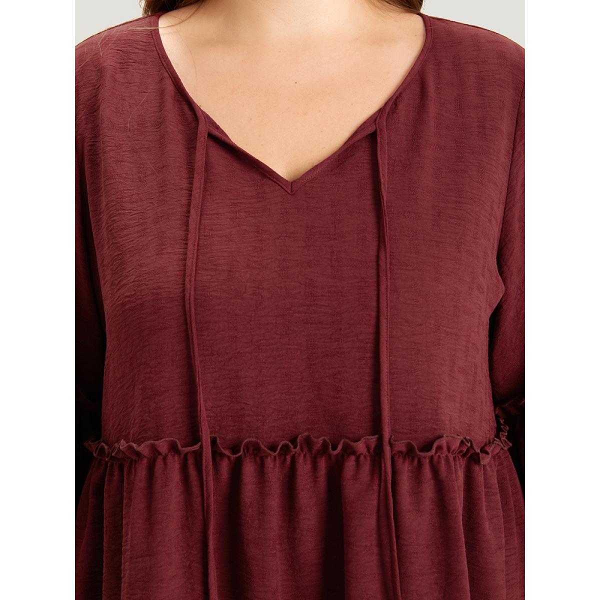 Plus Size Scarlet Plain V Neck Frill Trim Tassel Bell Hem Blouse Women Vacation Elbow-length sleeve V-neck Dailywear Blouses BloomChic 22-24/3X Product Image