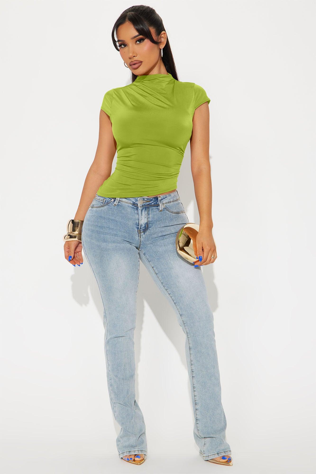 Ines Asymmetrical Ruched High Neck Top - Chartreuse Female Product Image