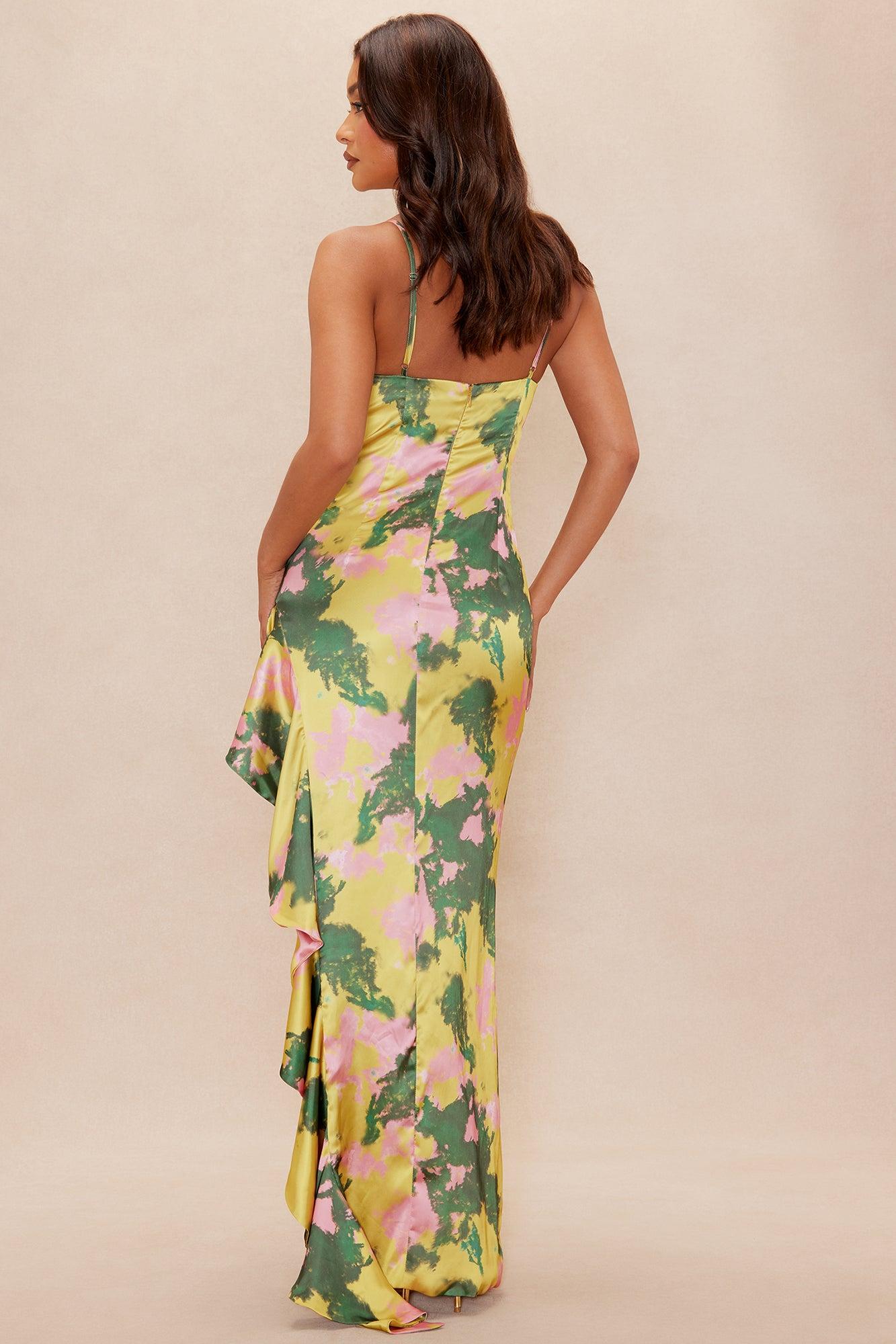 Rianna Ruffle Satin Maxi Dress - Green/combo Female Product Image