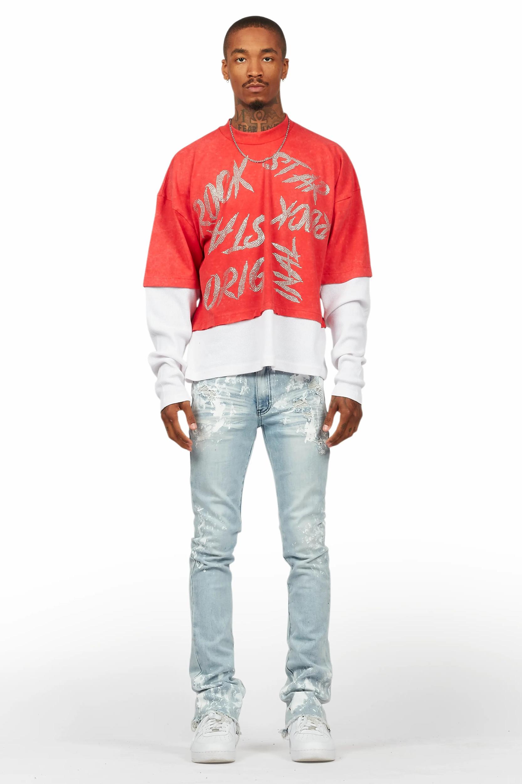 Bence Vintage Red Thermal Double Layer Boxy Crop T-Shirt Male Product Image