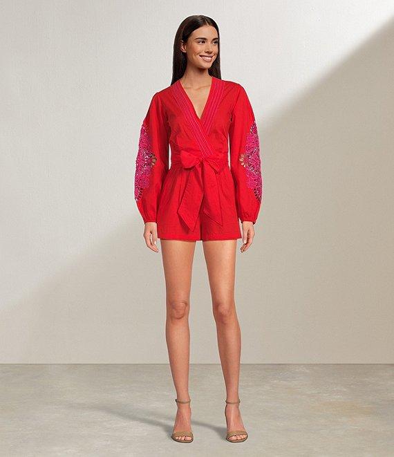 Chelsea & Violet Livvy V-Neckline Long Sleeve Crochet Detail Romper Product Image