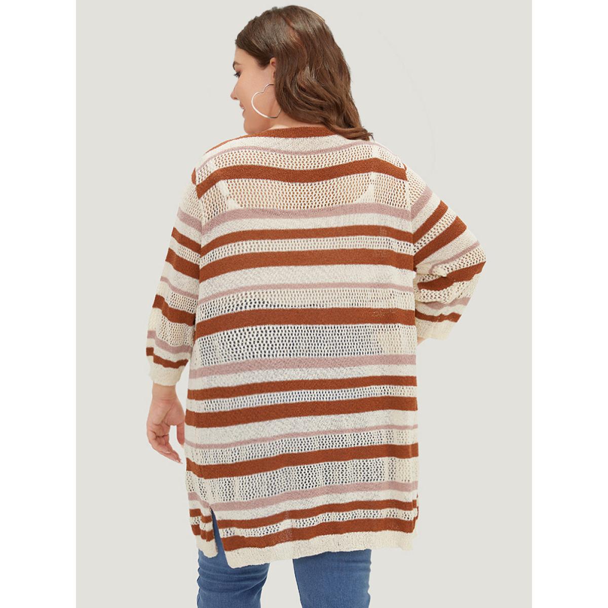 Plus Size Striped Hollow Out Open Front Split Hem Cardigan Multicolor Women Casual Loose Elbow-length sleeve Dailywear Cardigans BloomChic 22-24/3X Product Image