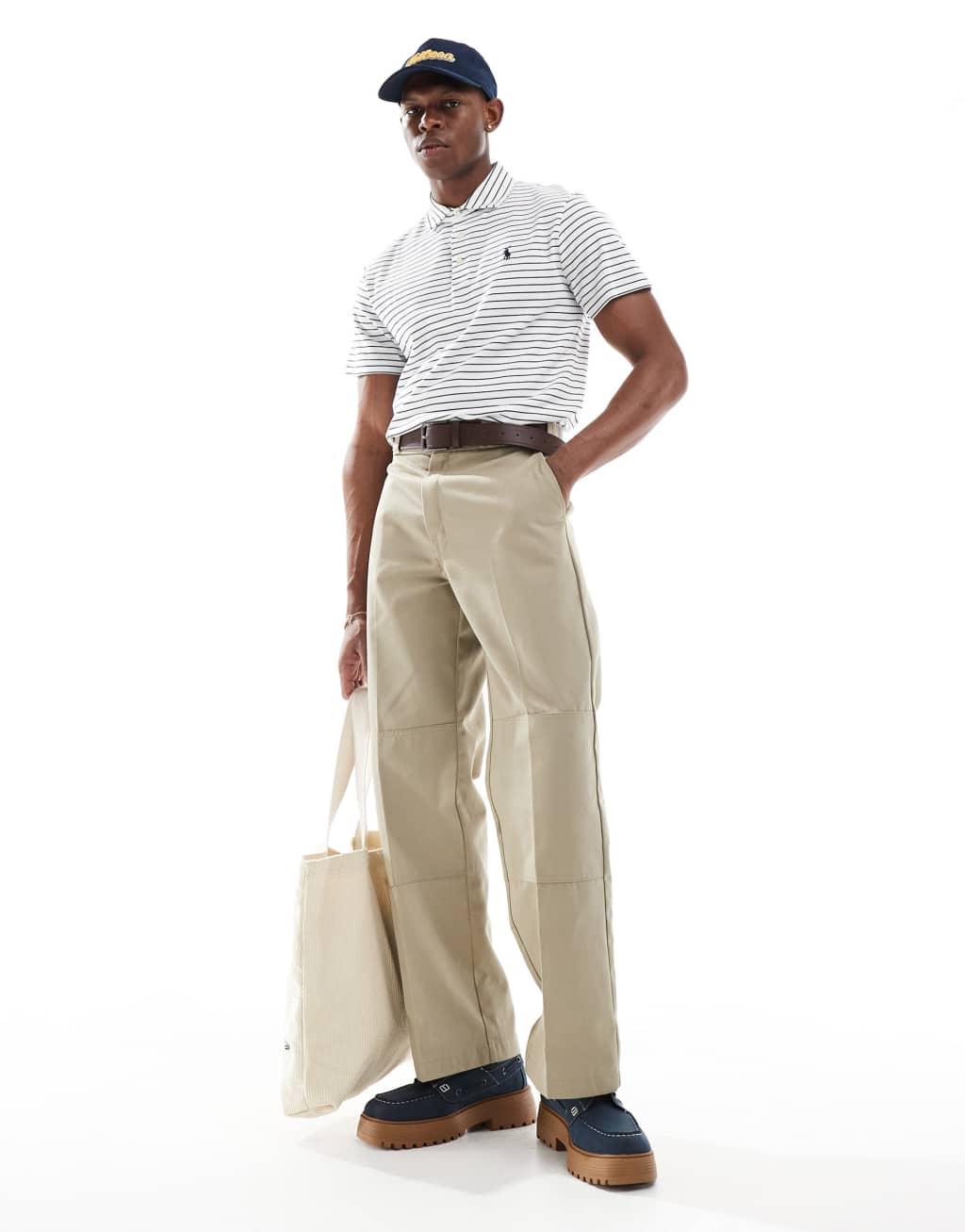 Polo Ralph Lauren icon logo stripe pima cotton custom fit polo shirt in white/navy Product Image