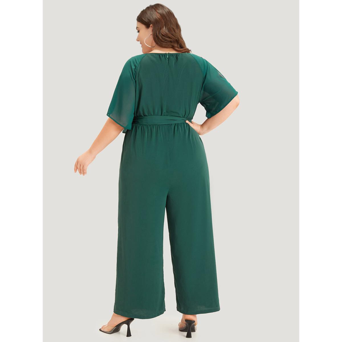 Plus Size DarkGreen Solid Belted Pocket Cut Out Zipper Jumpsuit Women Office Short sleeve Round Neck Office Loose Jumpsuits BloomChic 22-24/3X Product Image