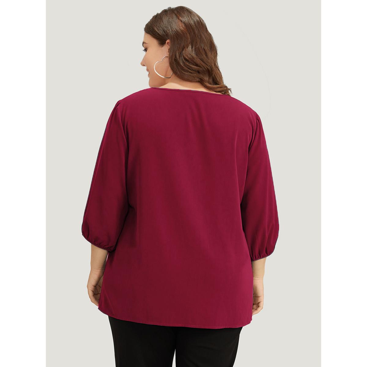 Plus Size Scarlet Plain Pleated Detail Elastic Cuffs V Neck Blouse Women Office Elbow-length sleeve V-neck Work Blouses BloomChic 18-20/2X Product Image