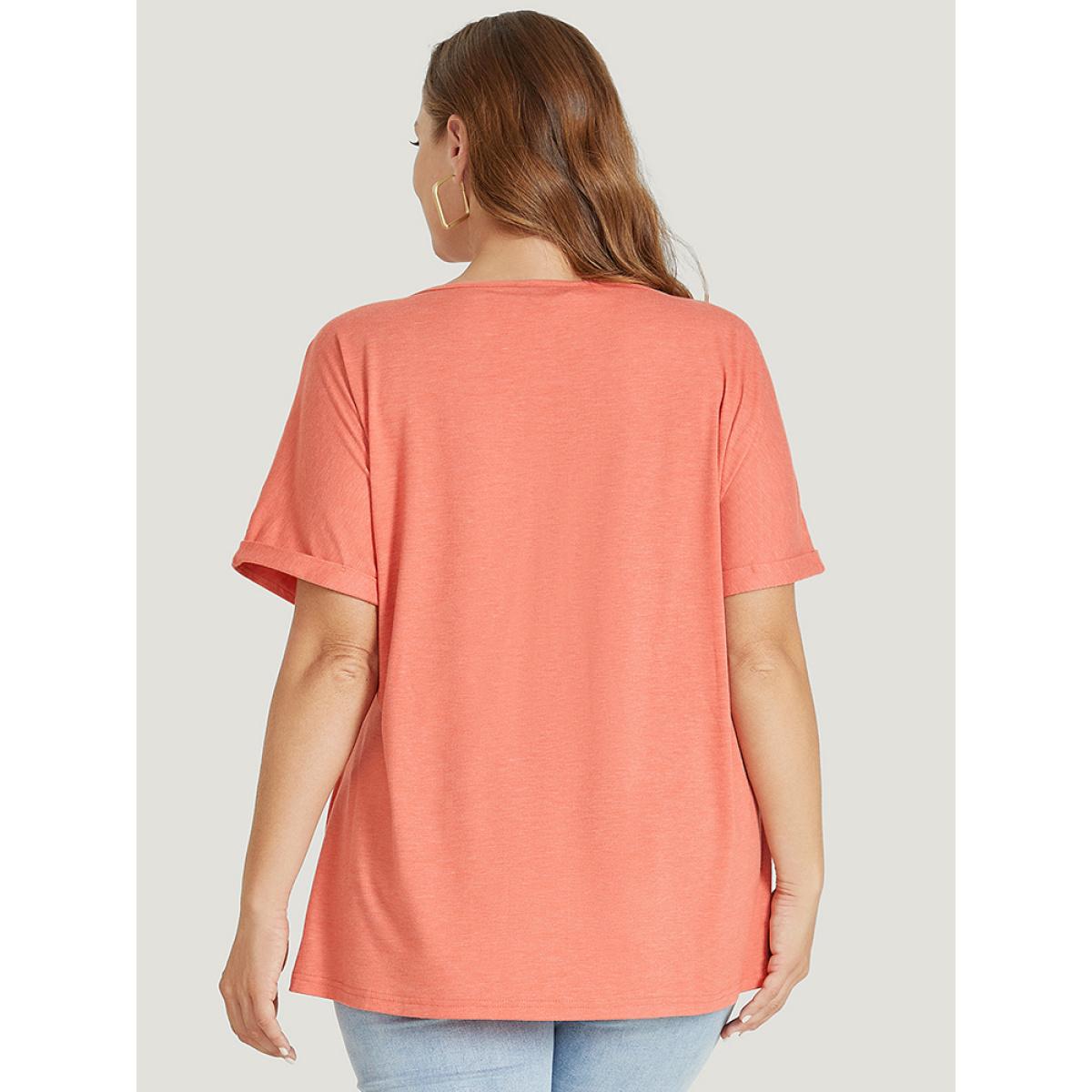 Plus Size Plain Button Detail Roll Dolman Sleeve T-shirt Coral Women Casual Plain V-neck Dailywear T-shirts BloomChic 26/4X Product Image