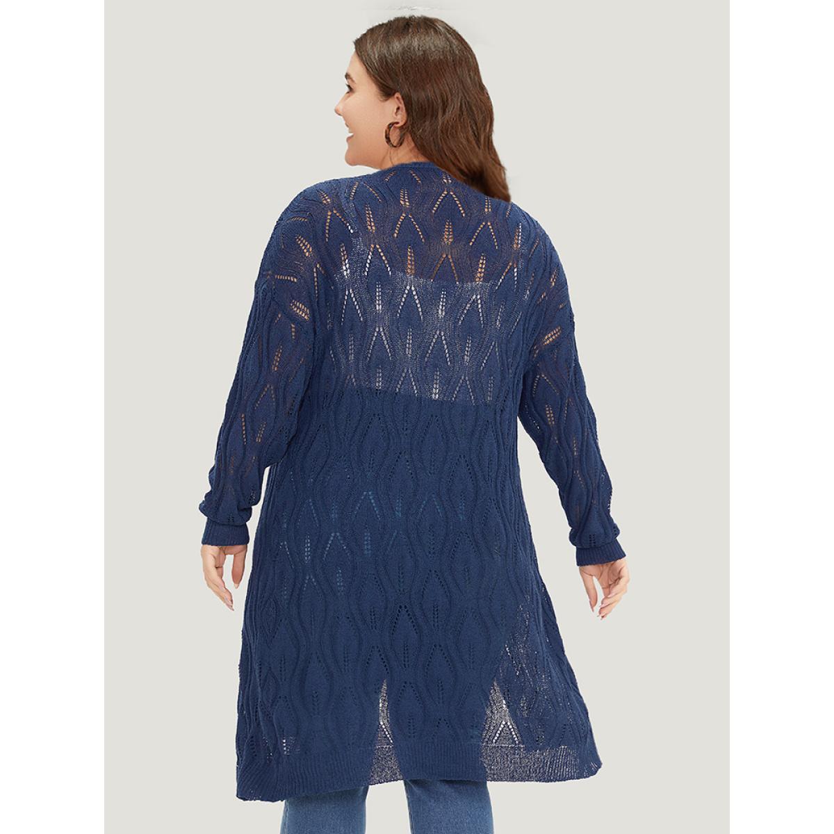Plus Size Plain Geometric Eyelet Open Front Maxi Cardigan Indigo Women Casual Loose Long Sleeve Everyday Cardigans BloomChic 26/4X Product Image
