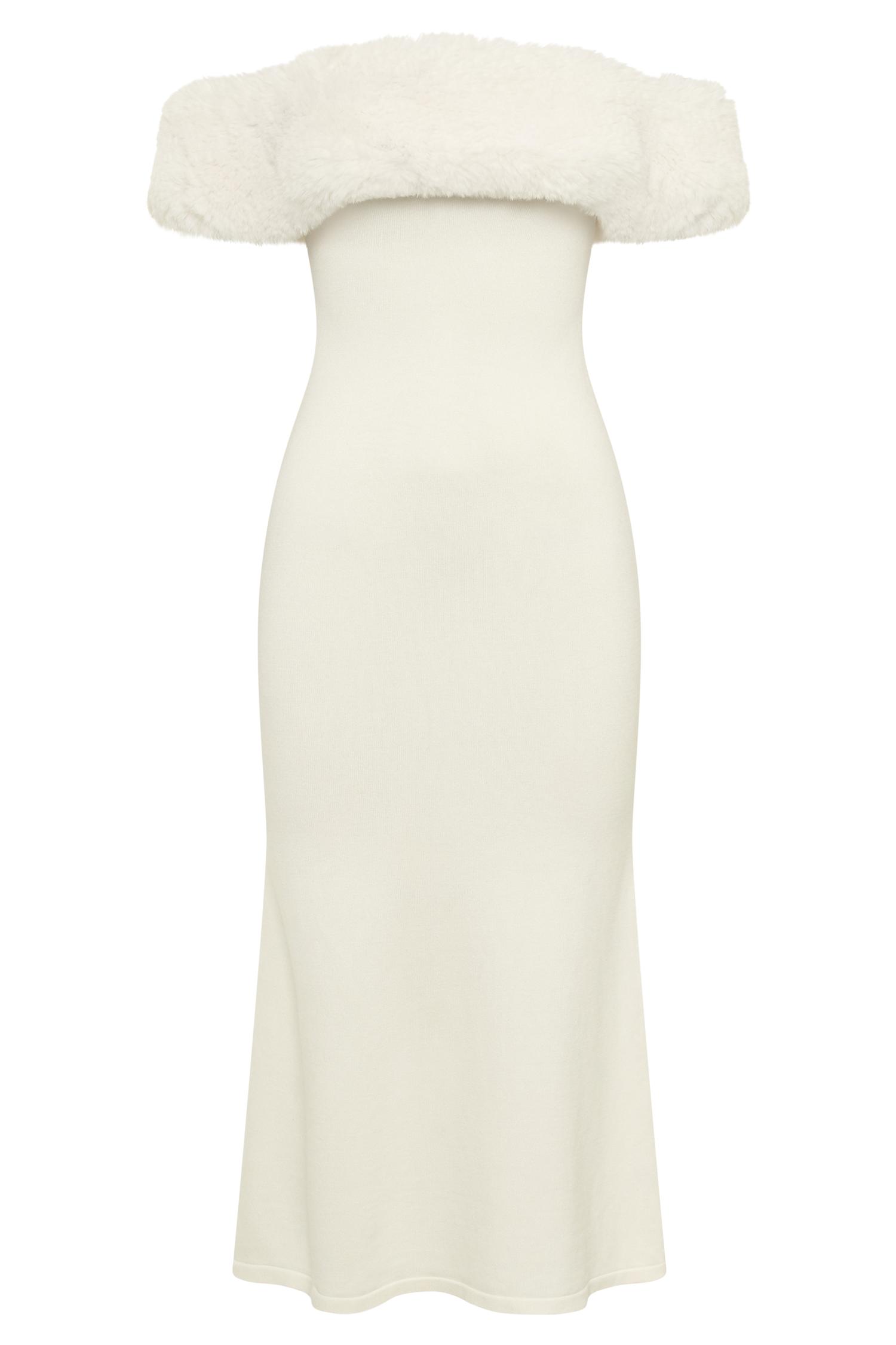Angelica Off Shoulder Knit Midi Dress With Faux Fur - Ivory Product Image