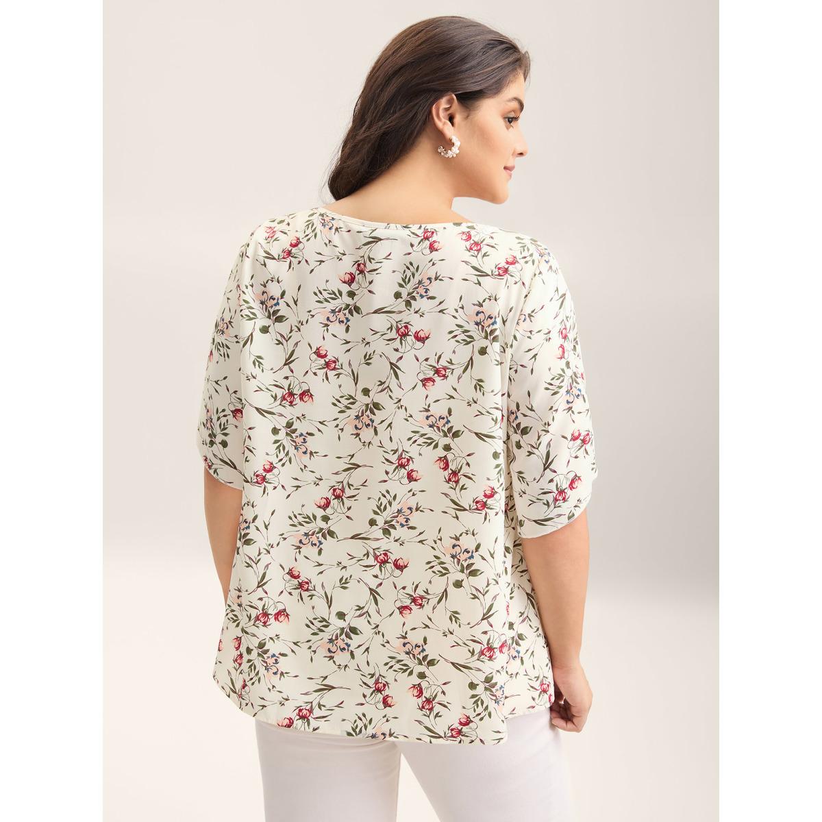 Plus Size Ivory Floral Print Petal Sleeve Pleated Blouse Women Timeless Elbow-length sleeve Round Neck Elegant Blouses BloomChic 18-20/2X Product Image