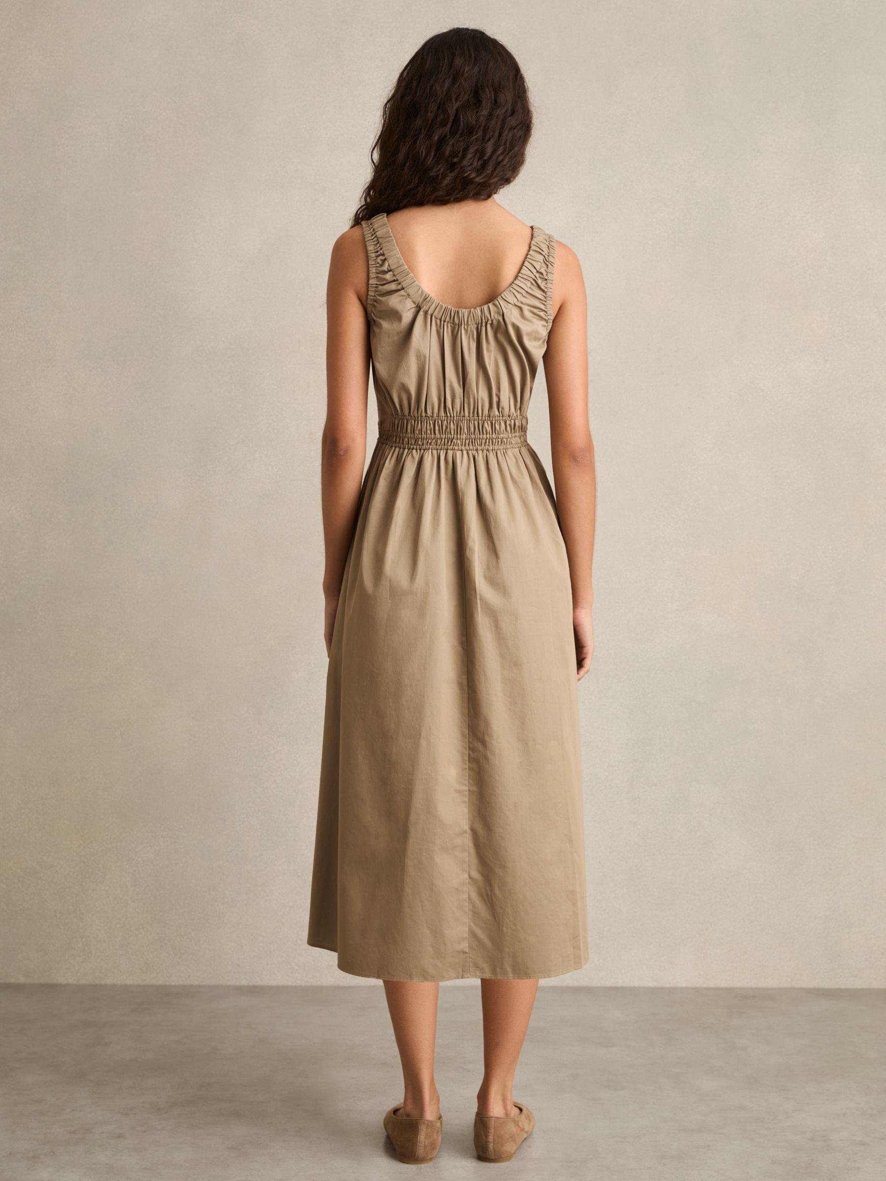Petite Cotton Craft-Stitch Shirred Midi Dress in Khaki Product Image