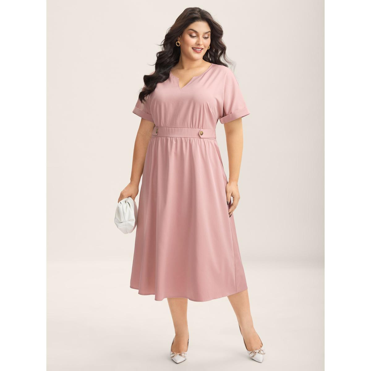 Plus Size Shirred Back Waist Pockets Midi Dress Watermelon Women Flat collar with V-notch Short sleeve Curvy BloomChic 14-16/1X Product Image