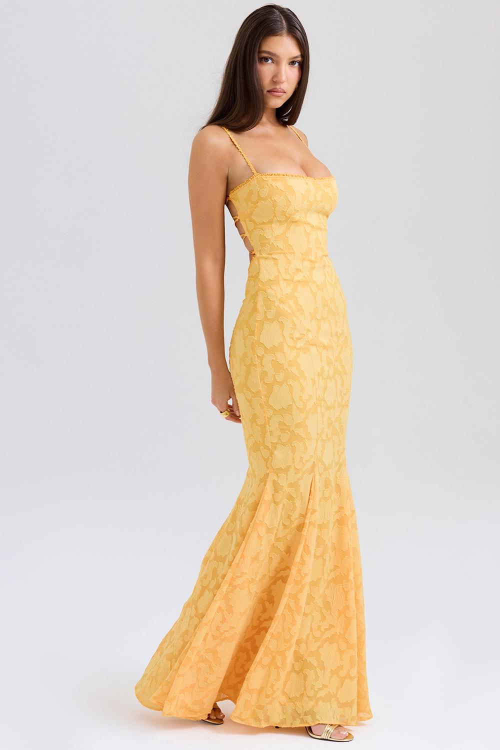 Joan  apricot lace up back maxi dress - sale Product Image