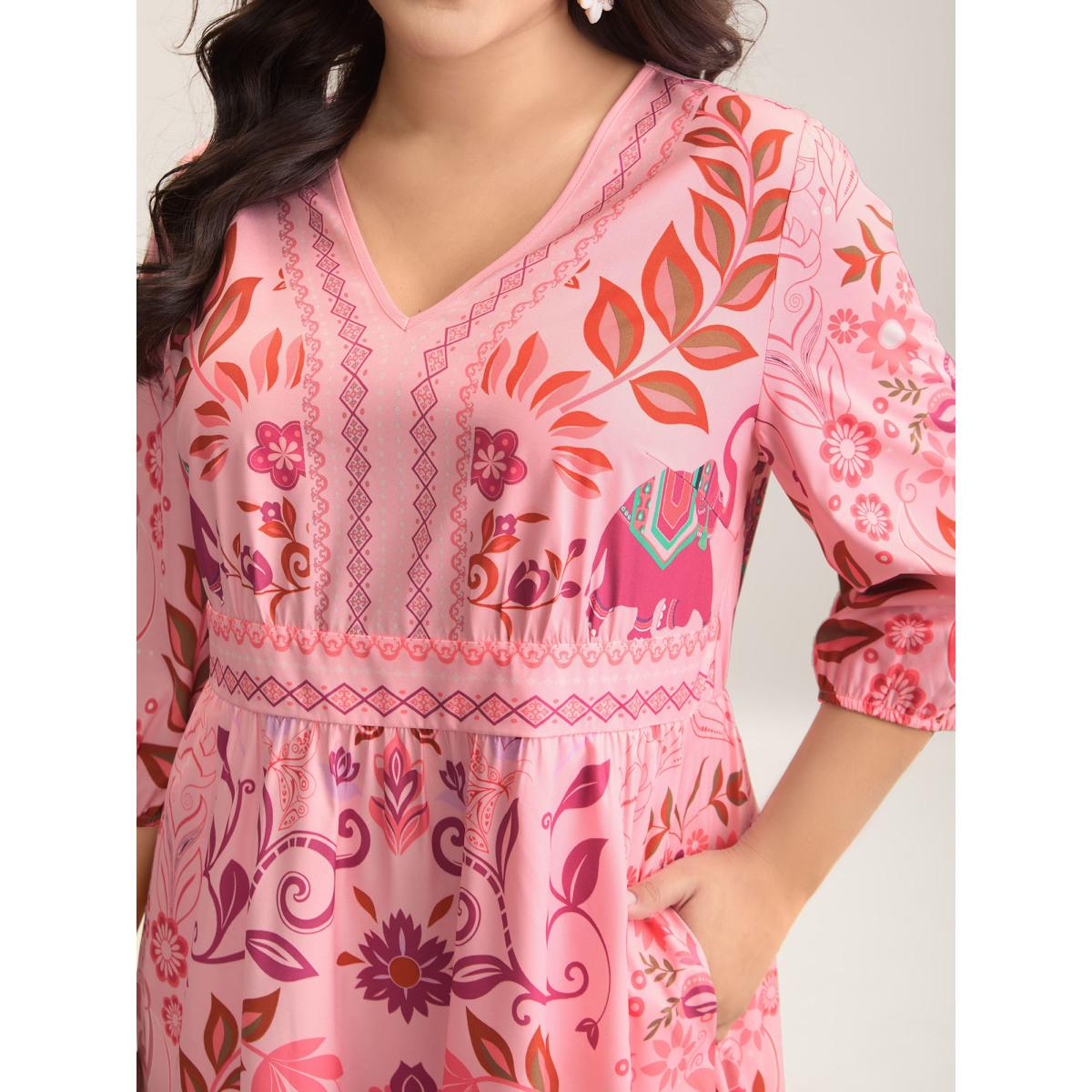 Plus Size Boho Print V-Neck Pockets Midi Dress Blush Women Boho Non V-neck Elbow-length sleeve Curvy BloomChic 14-16/1X Product Image