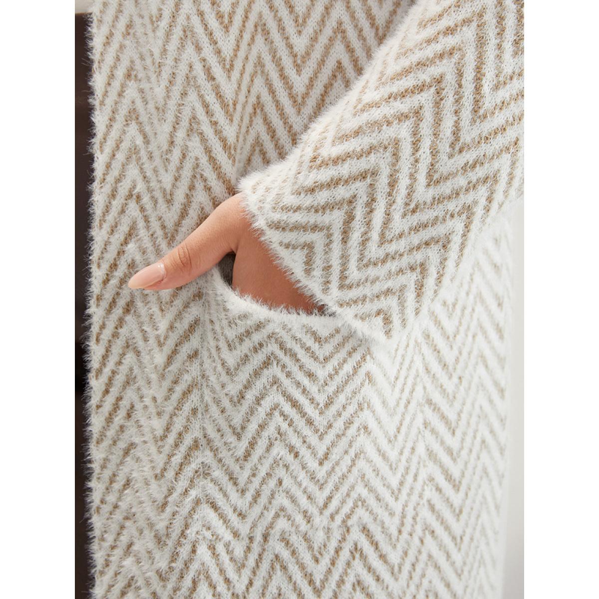 Plus Size Geometric Super Soft Plush Knit Pocket Open Front Cardigan Tan Women Elegant Long Sleeve Dailywear Cardigans BloomChic 30/6X Product Image