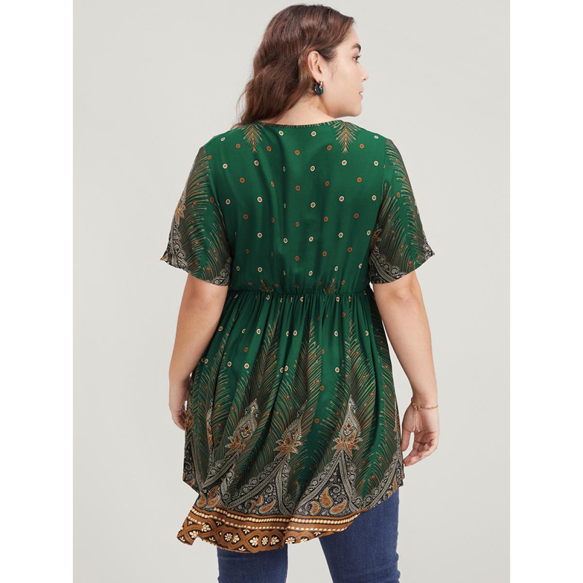 Plus Size Green Bandana High Low Hem Flutter Wrap Blouse Women Vacation Short sleeve V-neck Dailywear Blouses BloomChic 18-20/2X Product Image