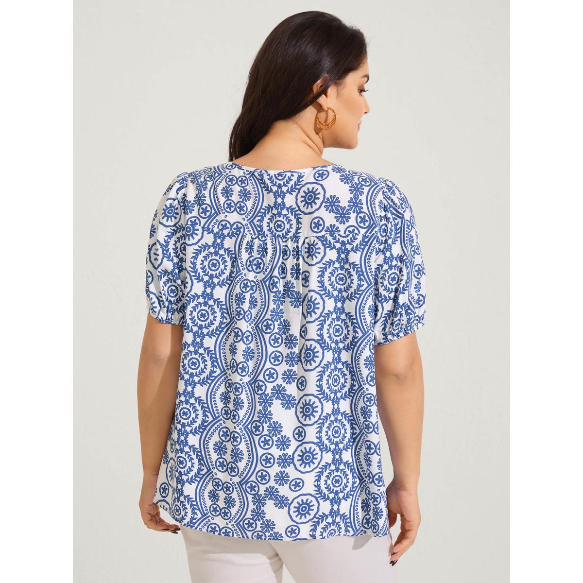 Plus Size DarkBlue Boho Print Toothpick Pleat Blouse Women Short sleeve Round Neck Vacation Blouses BloomChic 10/M Product Image