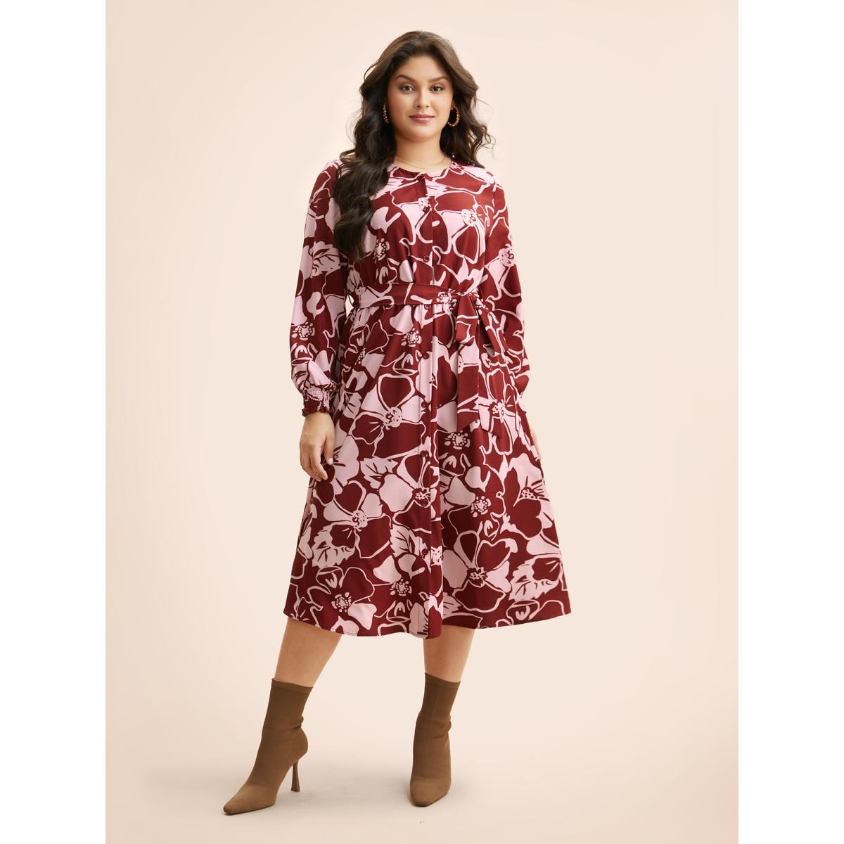 Plus Size Floral Button Up Belted Dress Burgundy Women Timeless Belted Round Neck Long Sleeve Curvy BloomChic 26/4X Product Image