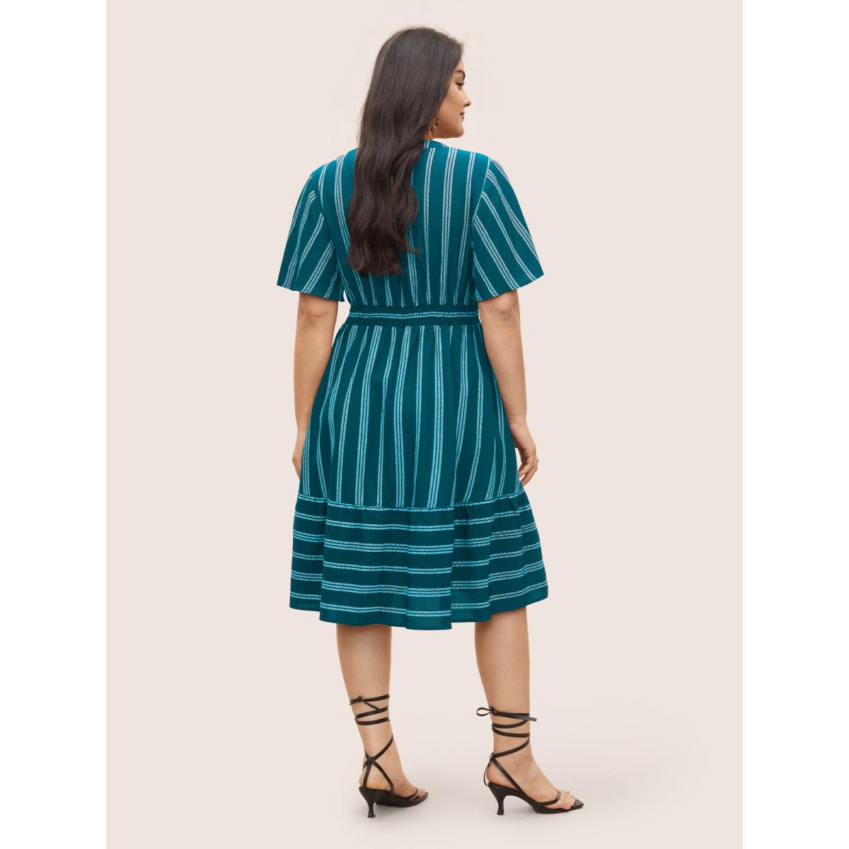 Plus Size Striped Patchwork Tassels Ties Shirred Dress Cerulean Women Boho Non V-neck Short sleeve Curvy Midi Dress BloomChic 22-24/3X Product Image