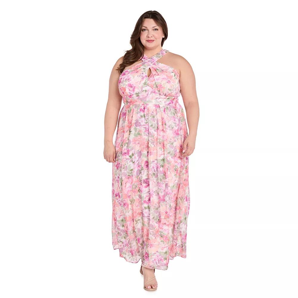 Plus Size R&M Richards Criss Cross Halter Maxi Dress, Women's, Size: 22 W, Ivory Blossom Product Image