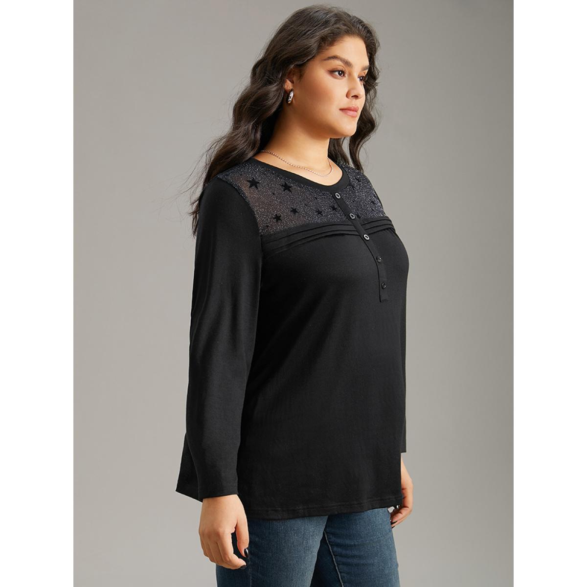Plus Size Star Mesh Patchwork Button Detail T-shirt Black Women Elegant See through Moon and Star Round Neck Dailywear T-shirts BloomChic 10/M Product Image