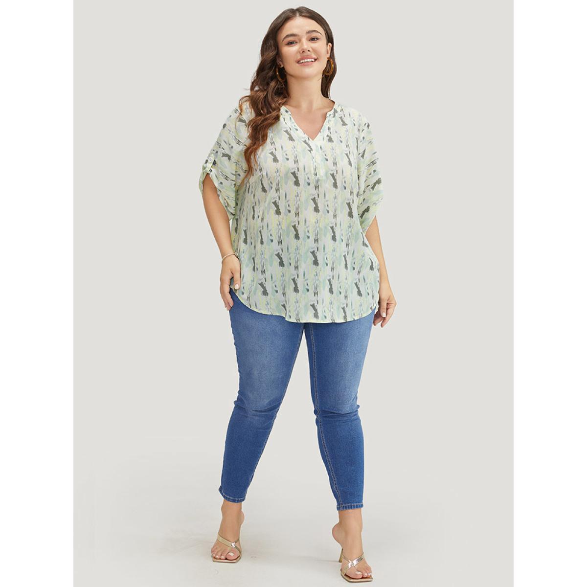 Plus Size LightGreen Brush Print Notched Neck Contrast Cuffed Sleeve Blouse Women Vacation Half Sleeve V-neck Dailywear Blouses BloomChic 18-20/2X Product Image