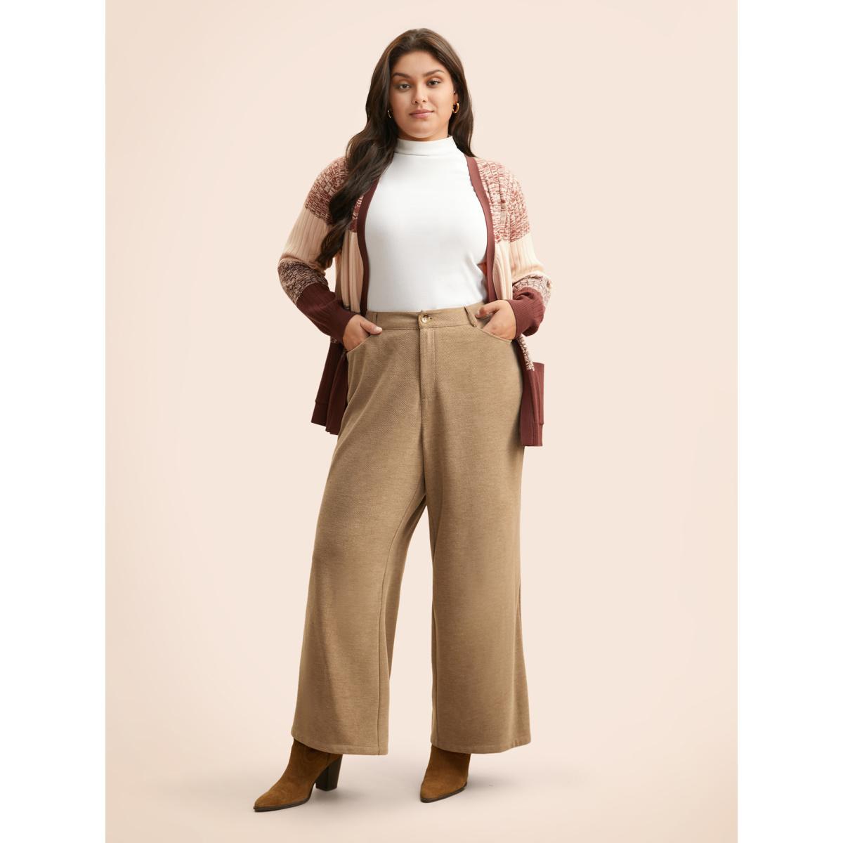 Plus Size Mid Rise Slanted Pocket Wide Leg Pants Women Tan Elegant Wide Leg Mid Rise Everyday Pants BloomChic 26/4X Product Image