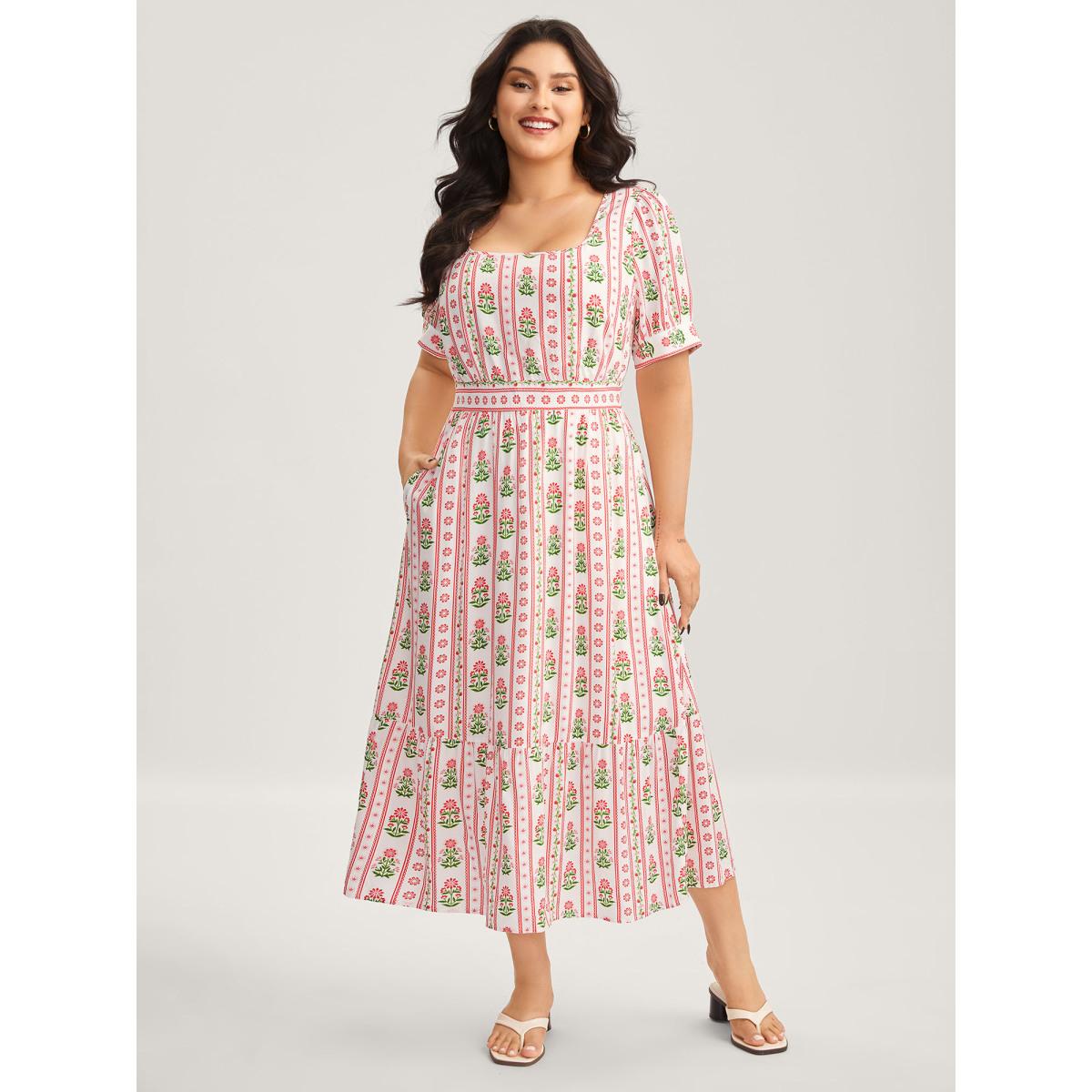 Plus Size Floral Stripe Shirred Waist Midi Dress Raspberry Women Non Short sleeve Curvy BloomChic 10/M Product Image