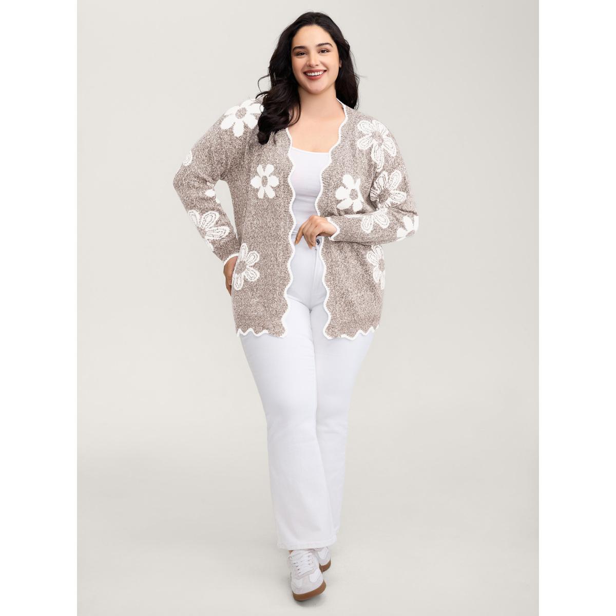 Plus Size Floral Pattern Open-Front Knitted Cardigan Champagne Women Playful Loose Long Sleeve Casual Cardigans BloomChic 22-24/3X Product Image