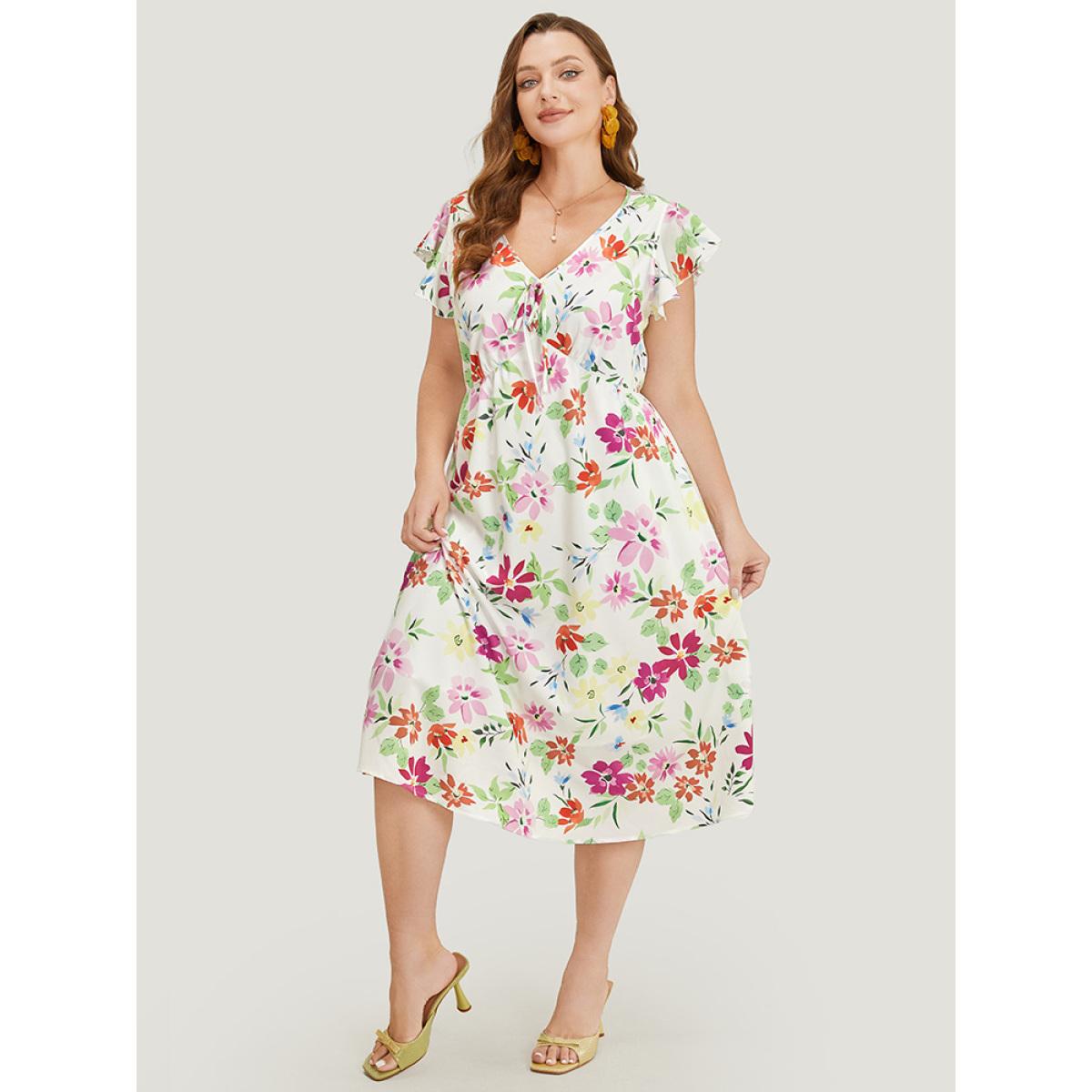 Plus Size Floral Knot Neck Pocket Cap Sleeve Ruffle Trim Dress Multicolor Women Elegant Knotted V-neck Cap Sleeve Curvy Midi Dress BloomChic 30/6X Product Image