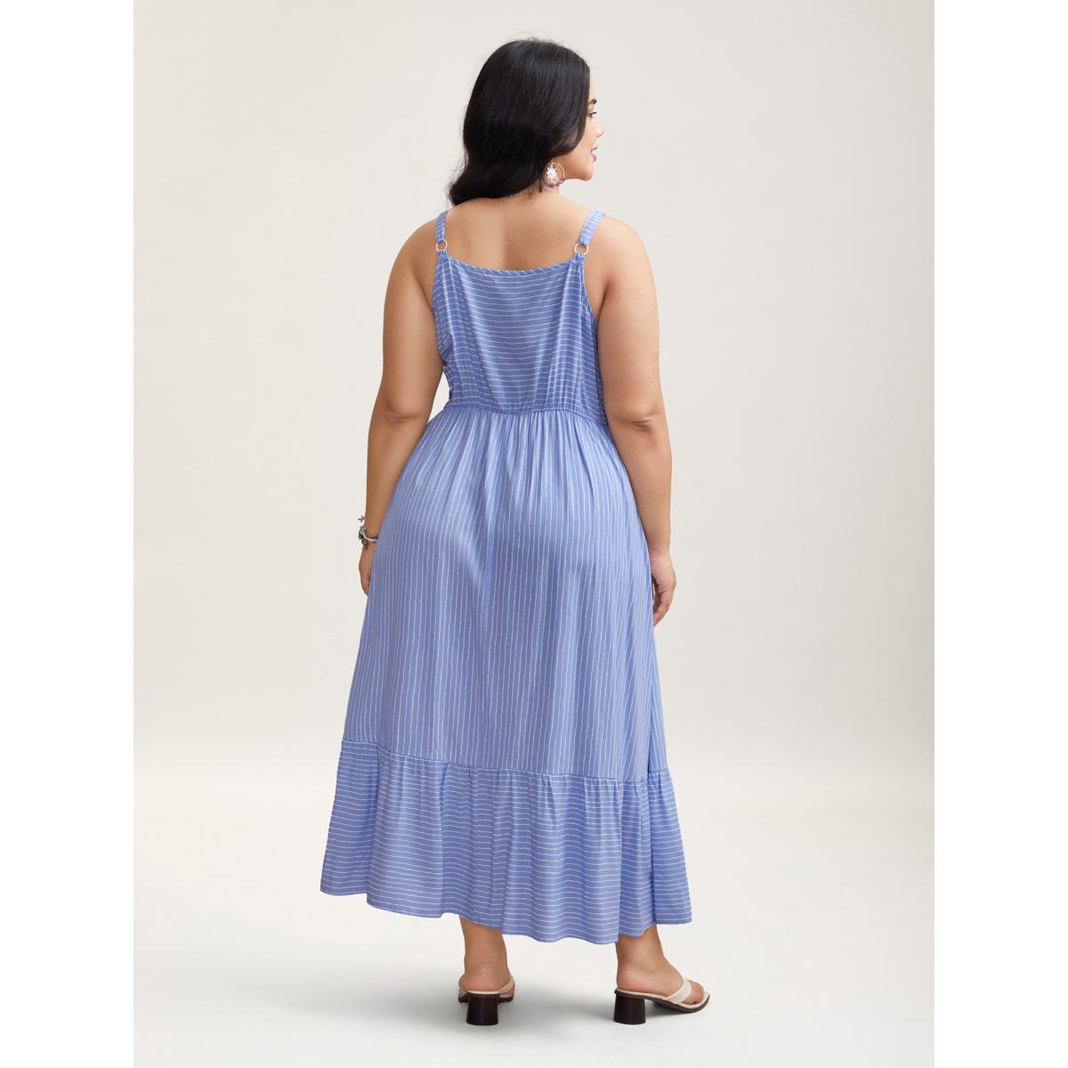 Plus Size Striped Smocked Tiered Maxi Dress LightBlue Women Resort Gathered V-neck Sleeveless Curvy BloomChic 10/M Product Image