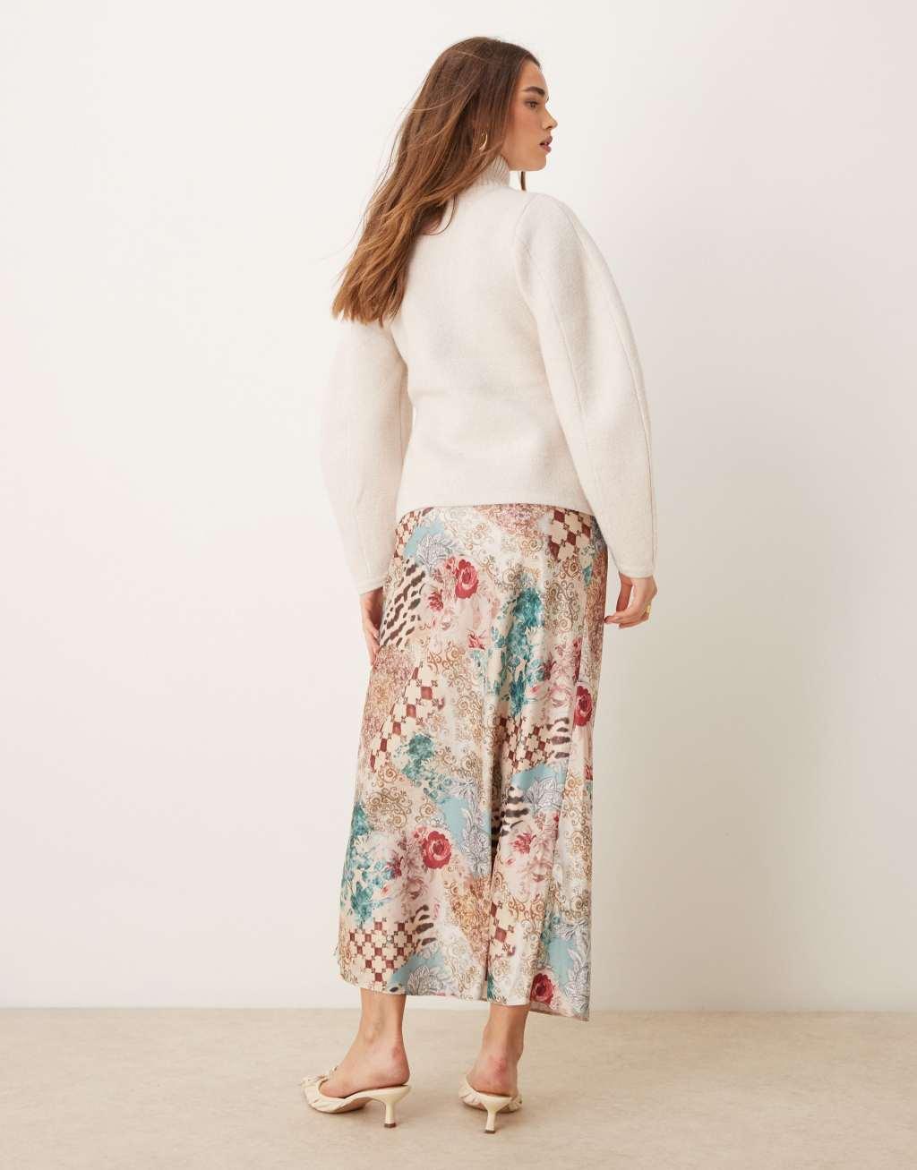 Miss Selfridge satin maxi skirt in patchwork print Product Image