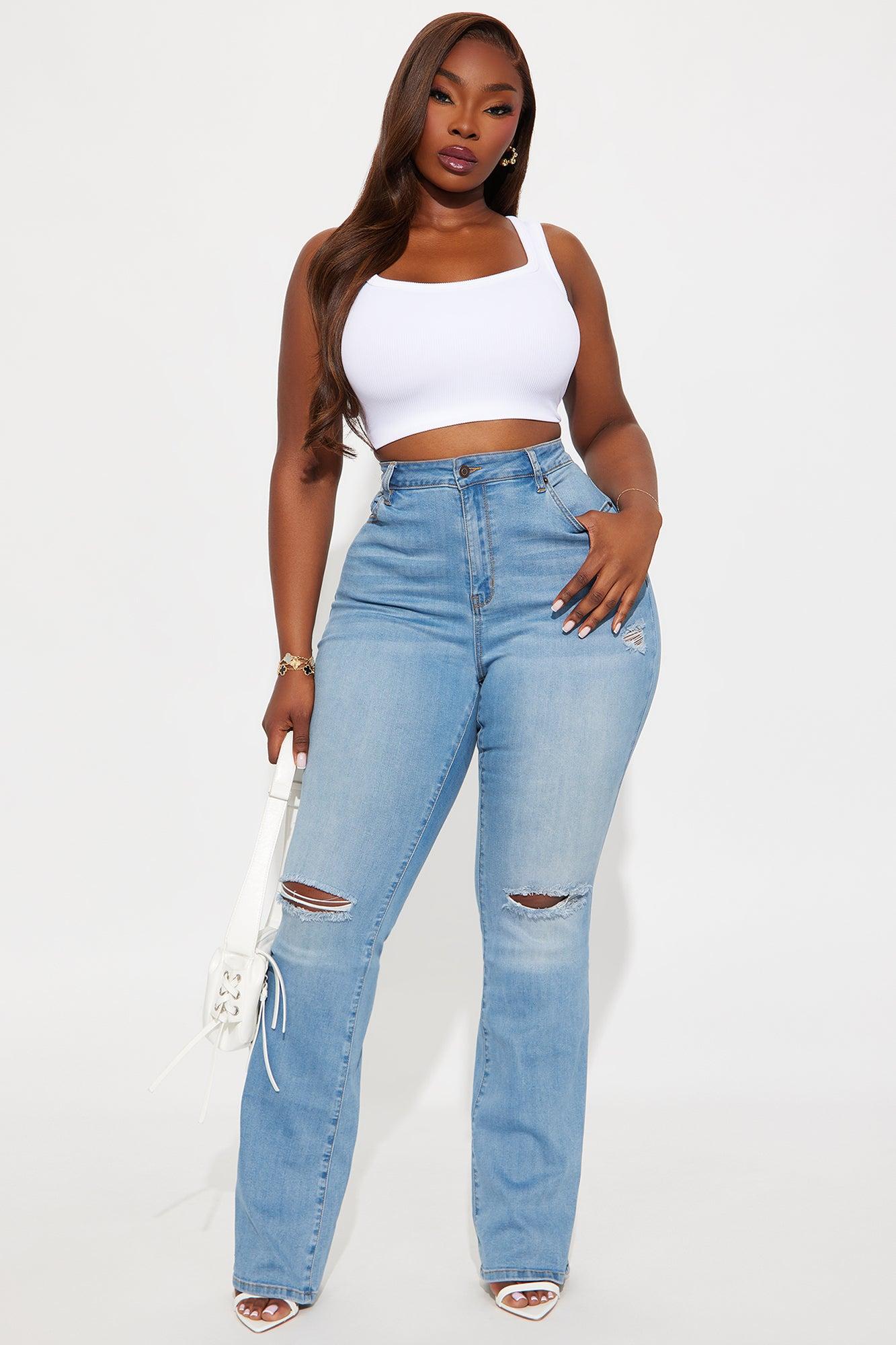 Tall Luxurious Distressed Super Stretch Flare Jeans - Medium Blue Wash Product Image