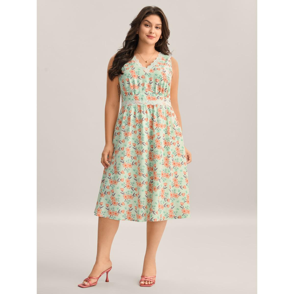 Plus Size Breezy Floral Print Lace Trim Midi Dress LightGreen Women V-neck Sleeveless Curvy BloomChic 30/6X Product Image