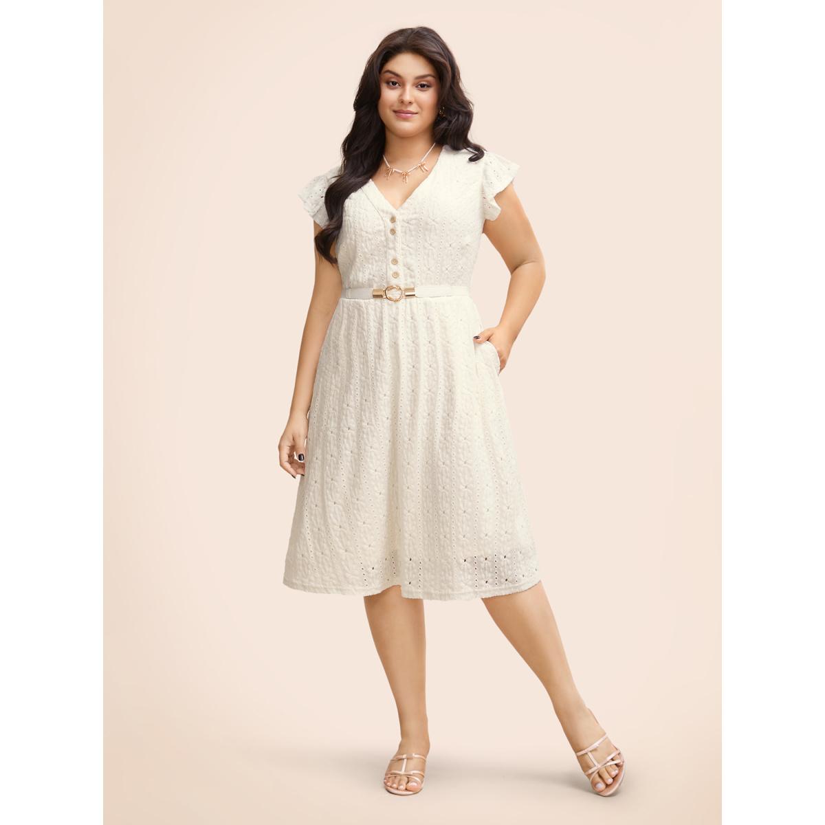Plus Size Textured Button Detail Cap Sleeve Dress Ivory Women Elegant Texture V-neck Cap Sleeve Curvy BloomChic 18-20/2X Product Image