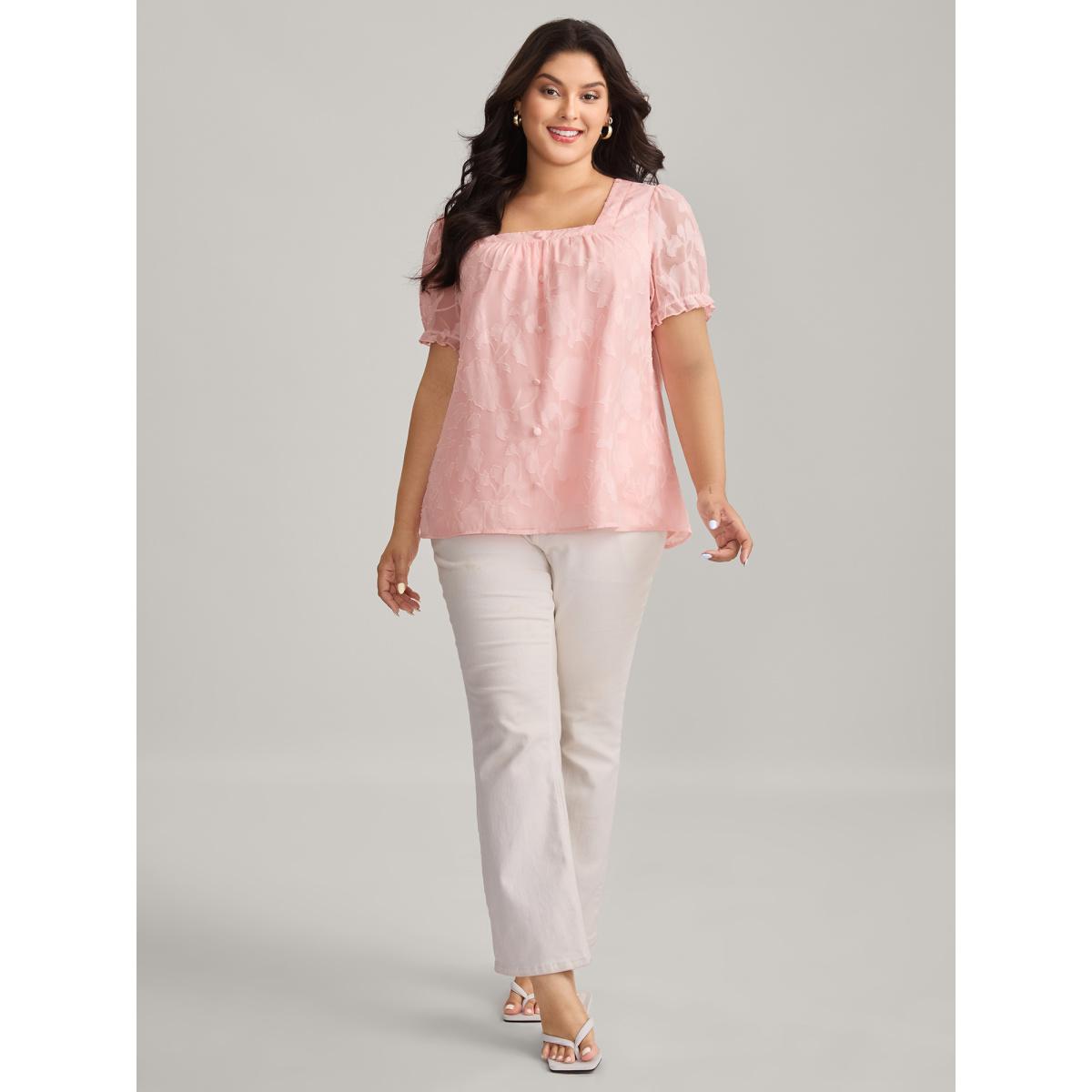 Plus Size MistyRose Floral Textured Button Detail Blouse Women Romantic Elbow-length sleeve Square Neck Elegant Blouses BloomChic 30/6X Product Image