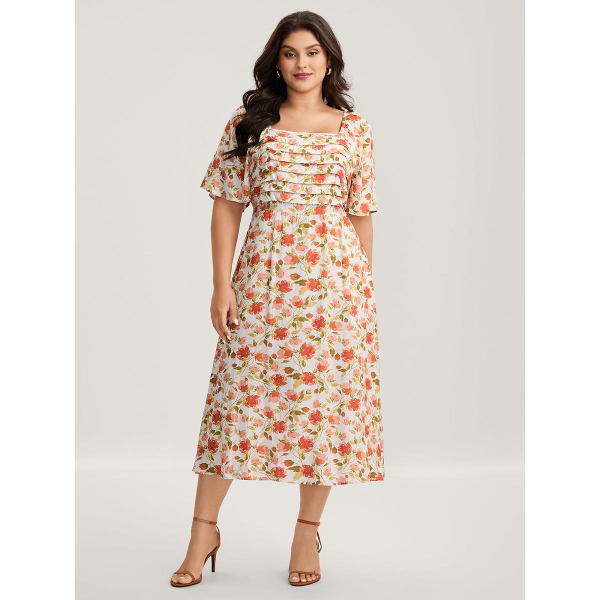 Plus Size Floral Pleated Bodice Pockets Midi Dress Ivory Women Tucked seam Square Neck Short sleeve Curvy BloomChic 12/L Product Image
