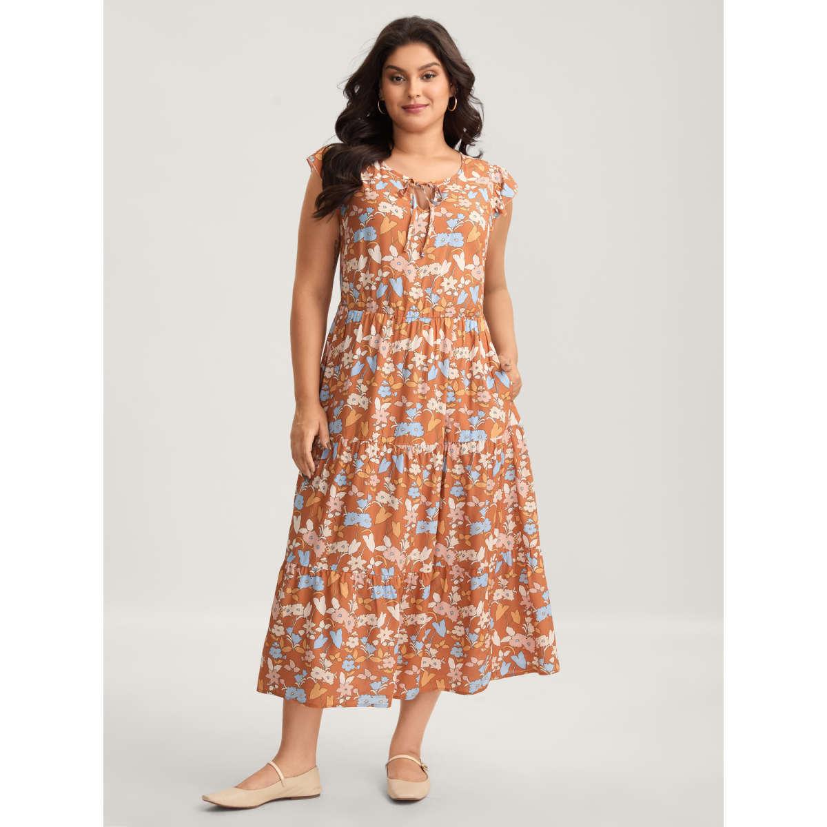 Plus Size Rayon Floral Stretchy Waist Pockets Midi Dress Lightorange Women Notched collar Cap Sleeve Curvy BloomChic 26/4X Product Image