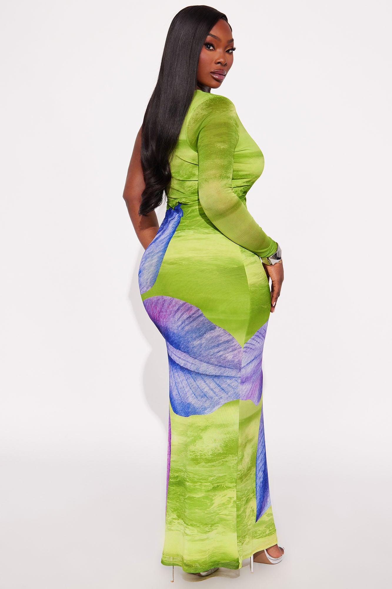Kiara One Shoulder Mesh Maxi Dress - Green/combo Female Product Image
