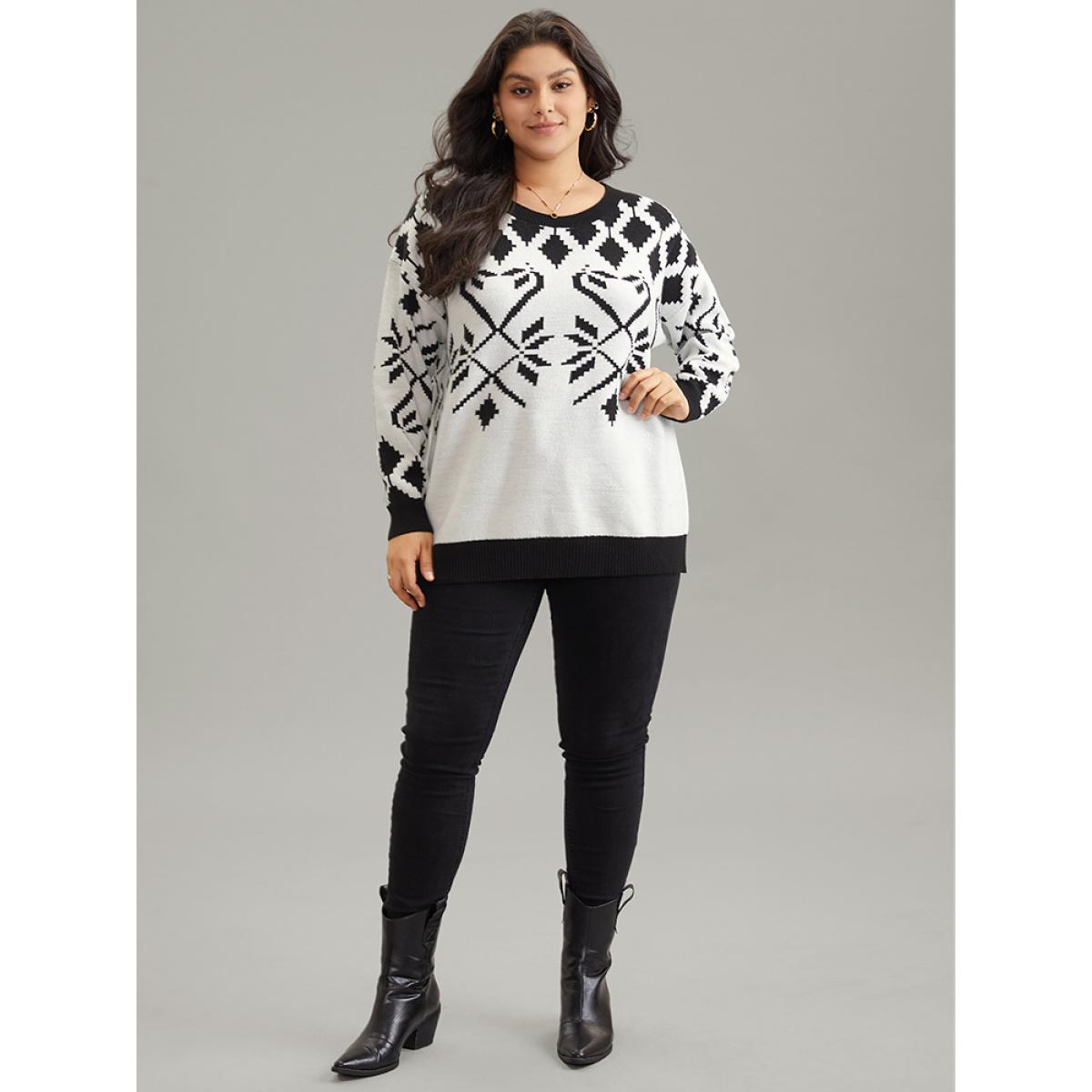 Plus Size Supersoft Essentials Geometric Jacquard Crew Neck Pullover Black Women Casual Loose Long Sleeve Round Neck Dailywear Pullovers BloomChic 14-16/1X Product Image