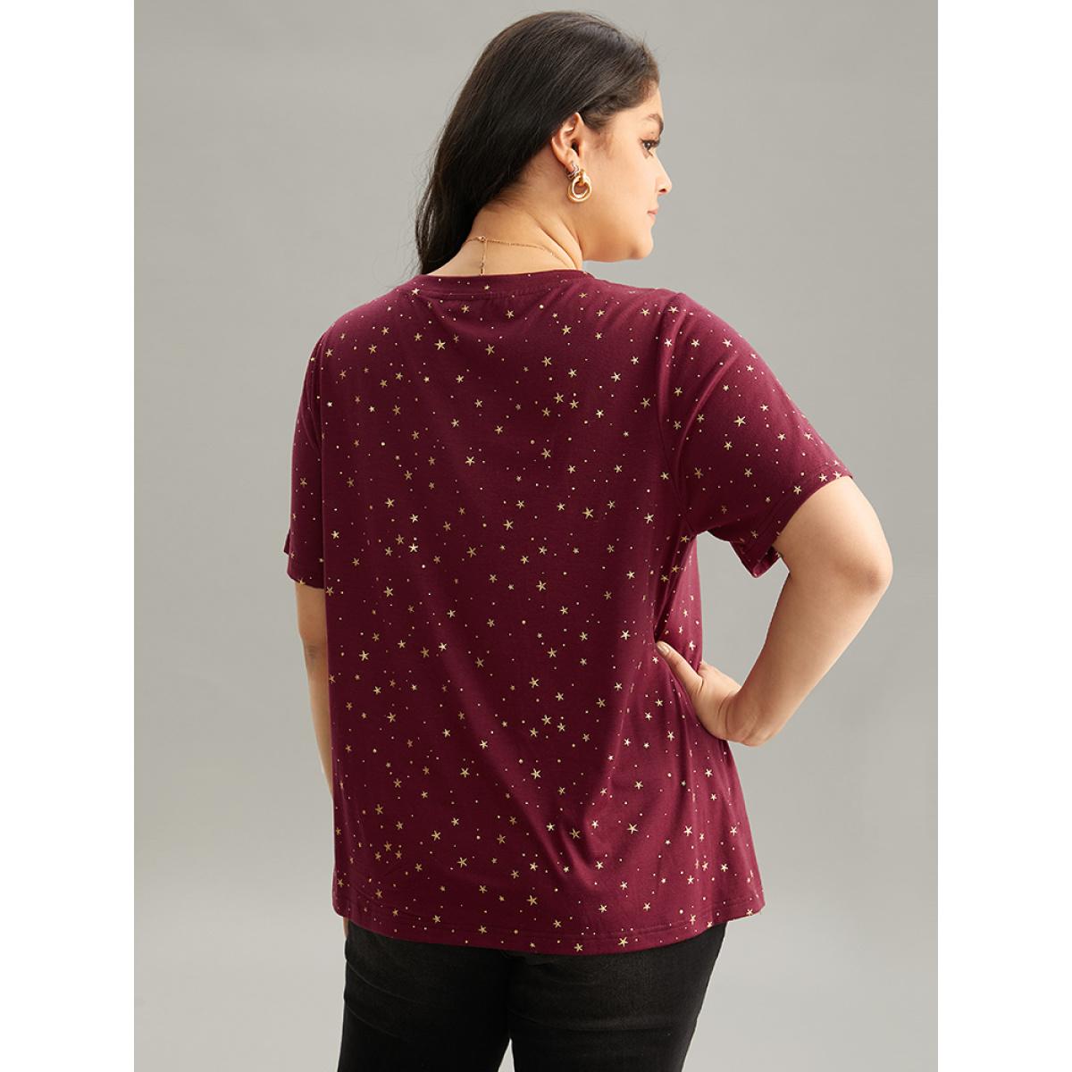 Plus Size Star Polka Dot V Neck T-shirt Burgundy Women Elegant Contrast Moon and Star V-neck Dailywear T-shirts BloomChic 22-24/3X Product Image