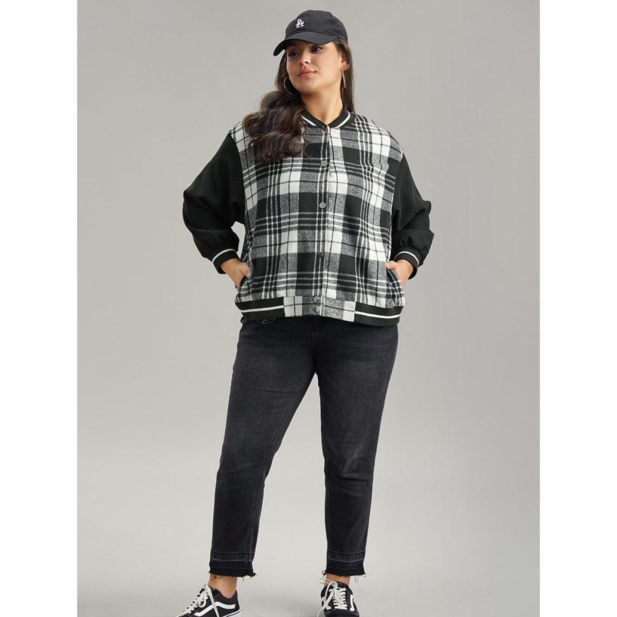Plus Size Plaid Button Through Pocket Baseball Collar Bomber Jacket Women Black Elastic cuffs Pocket Dailywear Jackets BloomChic 12/L Product Image