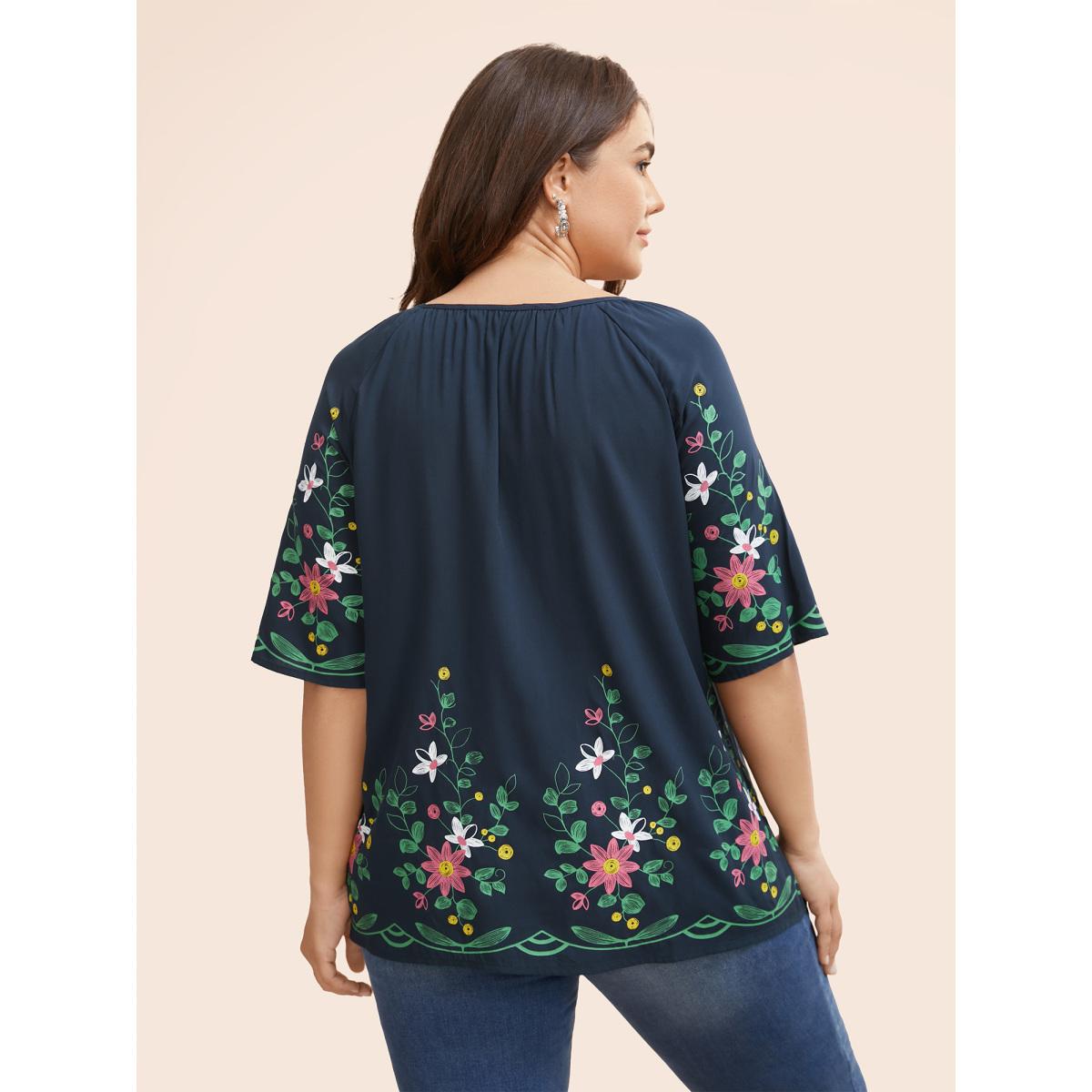 Plus Size Midnight Boho Print Gathered Ruffle Sleeve Blouse Women Elegant Half Sleeve Round Neck Everyday Blouses BloomChic 28/5X Product Image