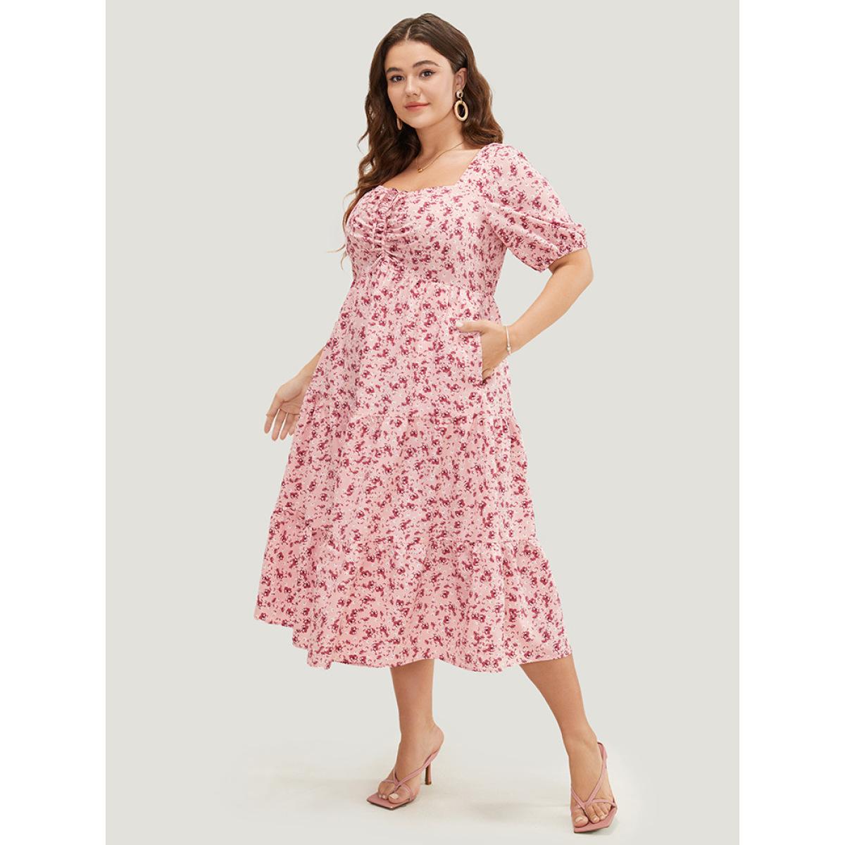 Plus Size Ditsy Floral Ruffle Tiered Pocket Ruched Puff Sleeve Drawstring Dress Watermelon Women Elegant Non Square Neck Short sleeve Curvy BloomChic 22-24/3X Product Image