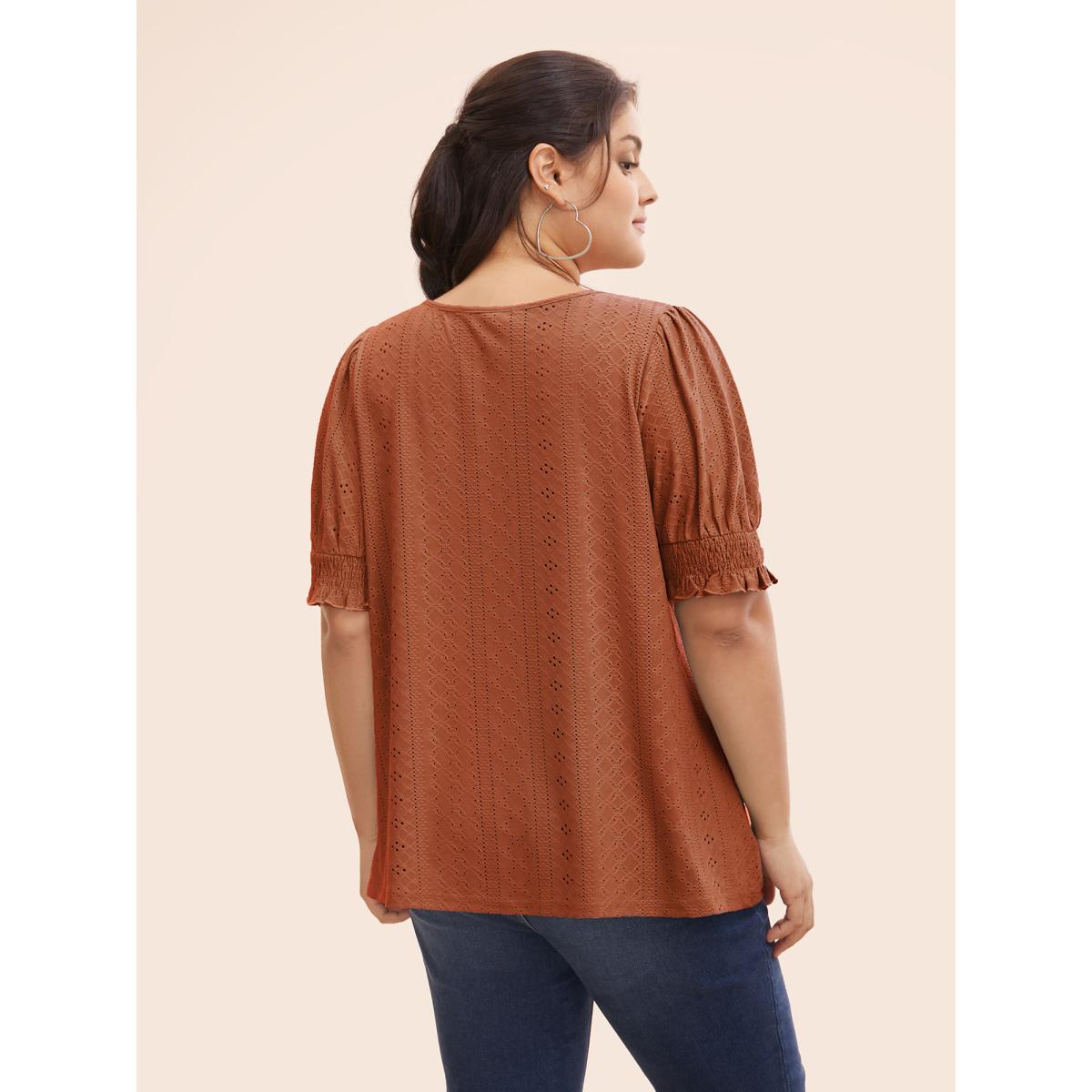Plus Size Plain Broderie Anglaise Shirred Puff Sleeve Button Detail T-shirt Rust Women Casual Button Plain V-neck Everyday T-shirts BloomChic 30/6X Product Image