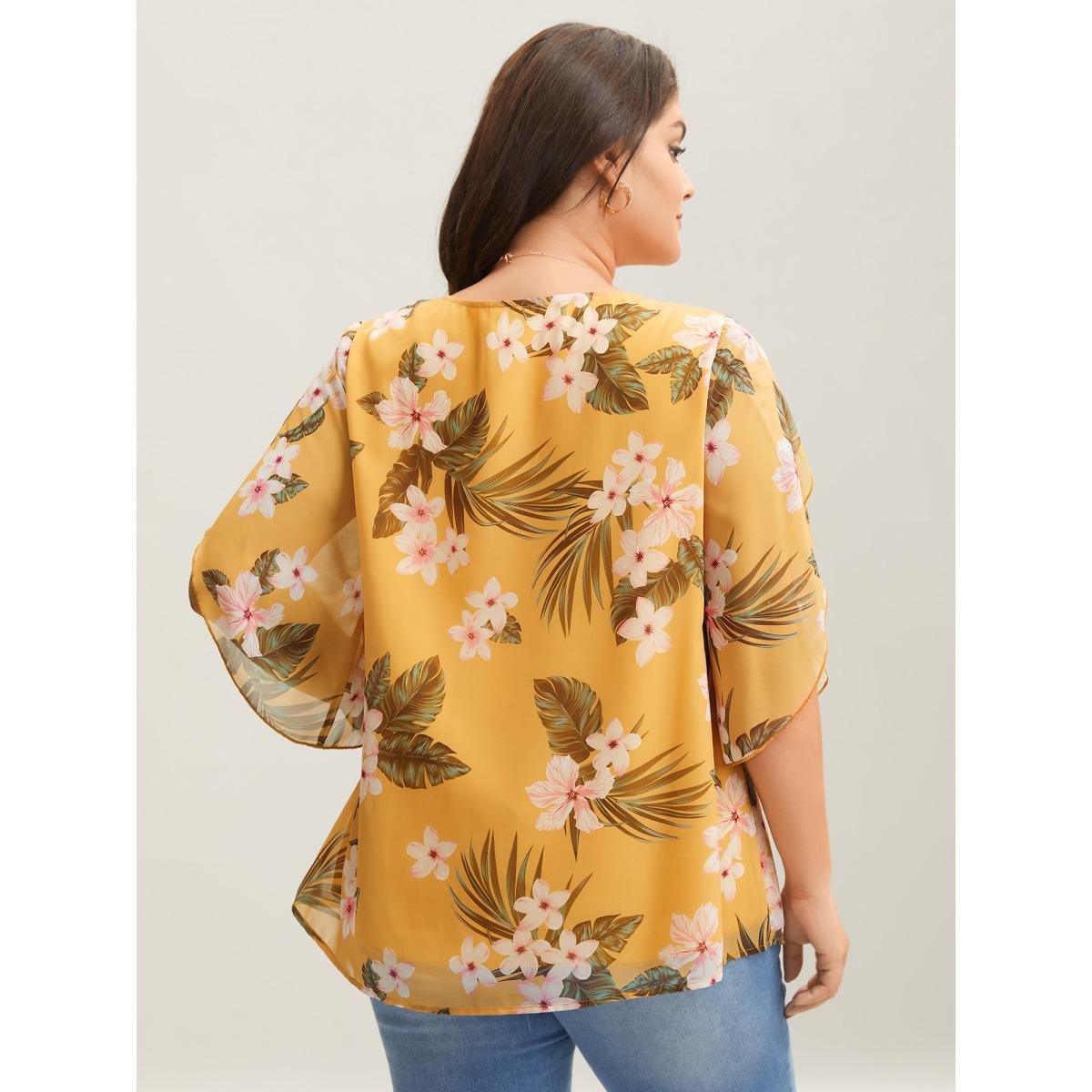 Plus Size Lemonyellow Petal Sleeve Floral Round Neck Shirt Women Elegant Elbow-length sleeve Round Neck Everyday Blouses BloomChic 28/5X Product Image