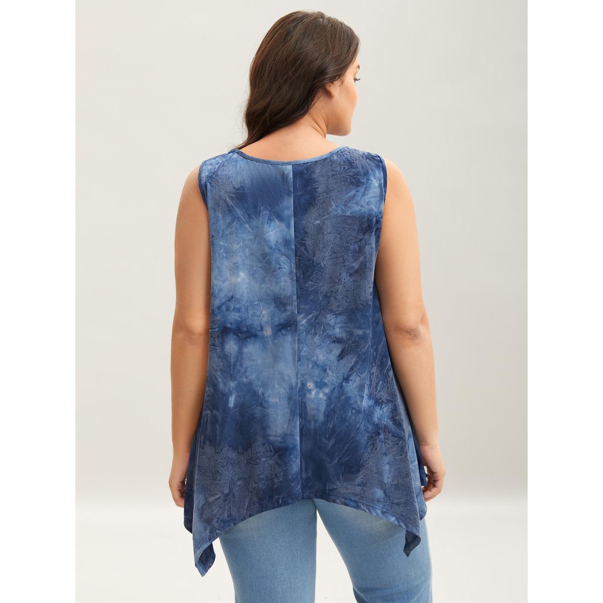 Plus Size Tie-Dye Keyhole Long Tank Top Women Mediumblue Casual Cut-Out Notched collar Casual Tank Tops Camis BloomChic 10/M Product Image