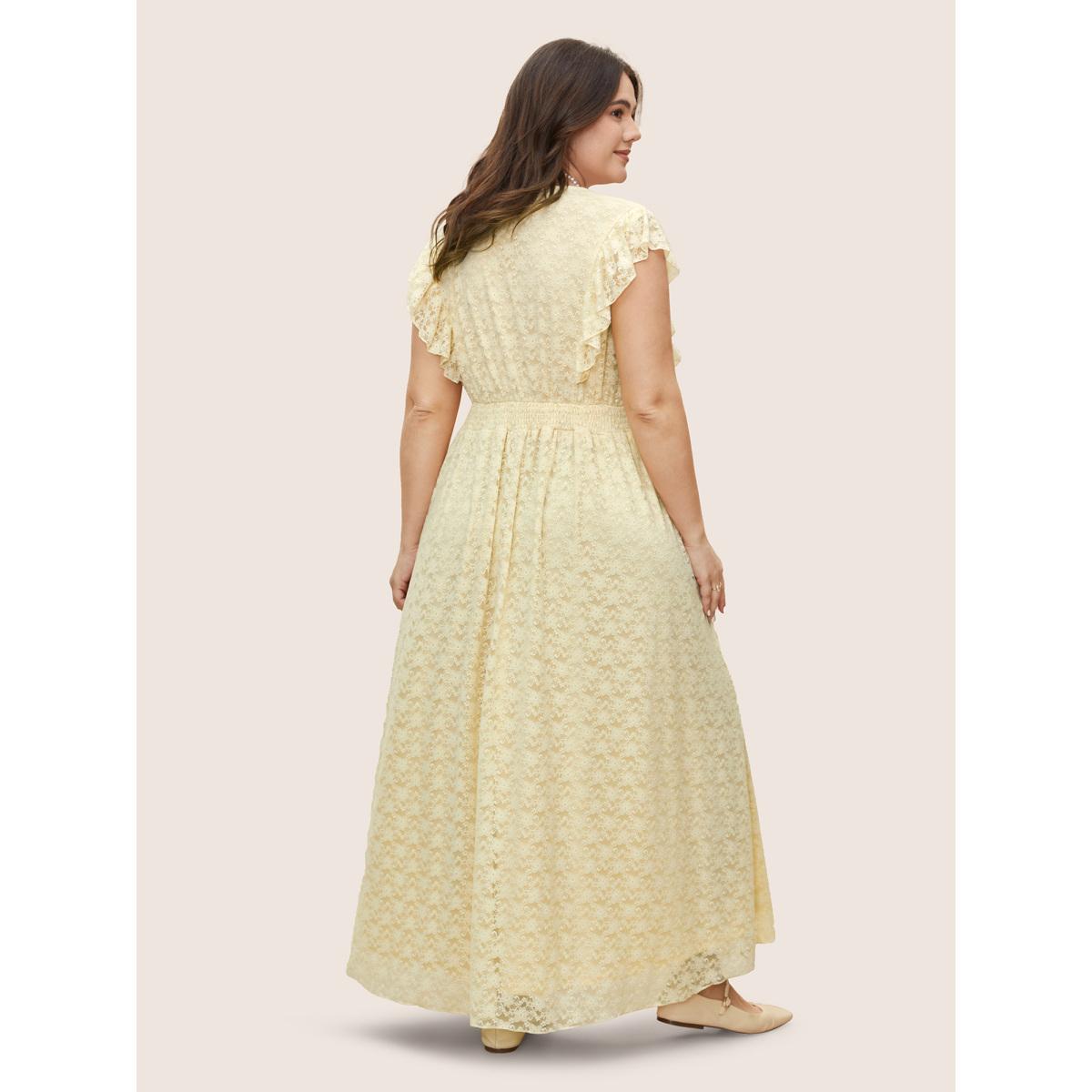 Plus Size Guipure Lace Ruffle Trim Side Seam Pocket Dress Apricot Women Formal Deep V-neck Sleeveless Curvy BloomChic 26/4X Product Image